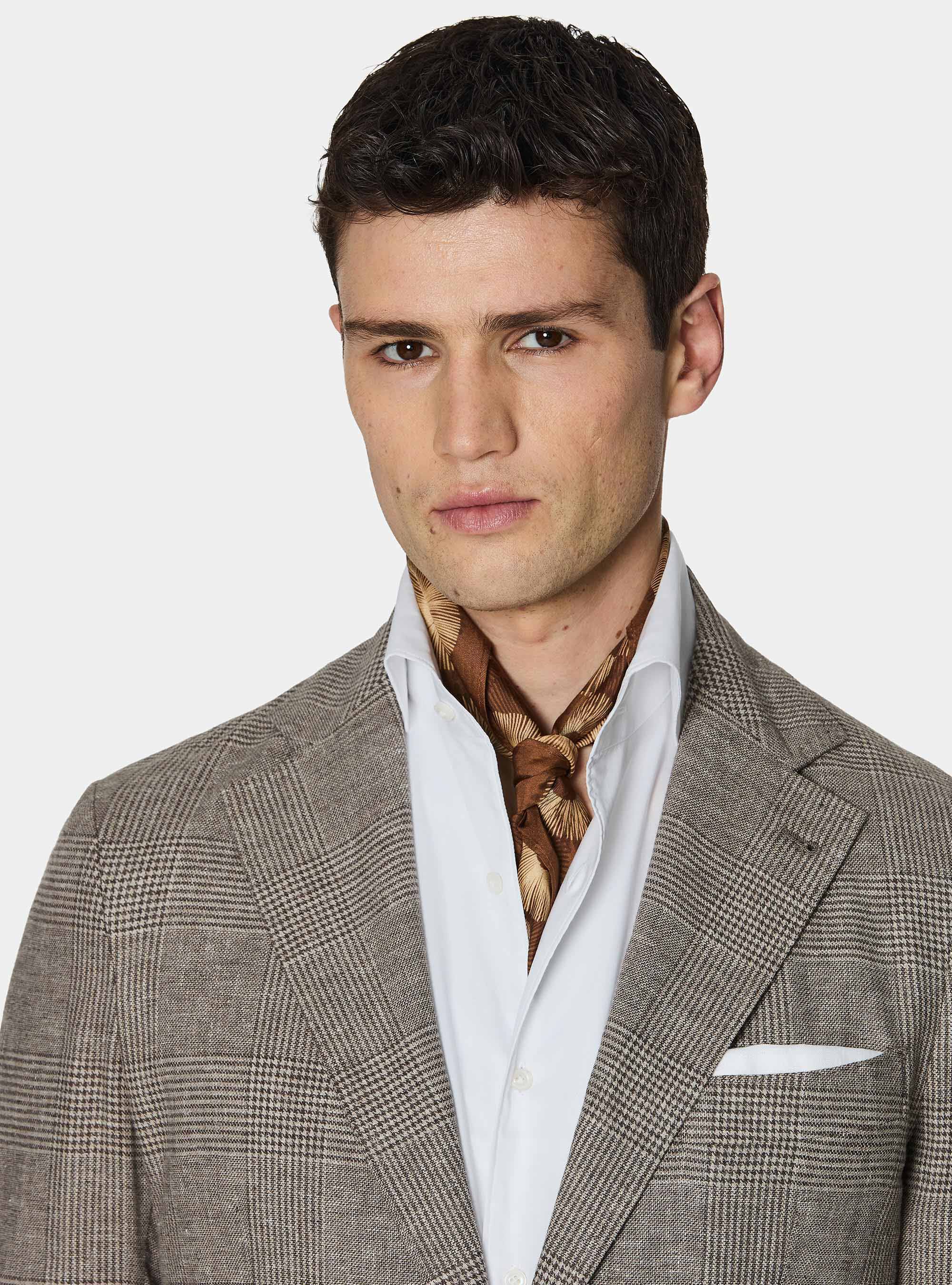 Prince of Wales blazer in linen and cotton, BROWN