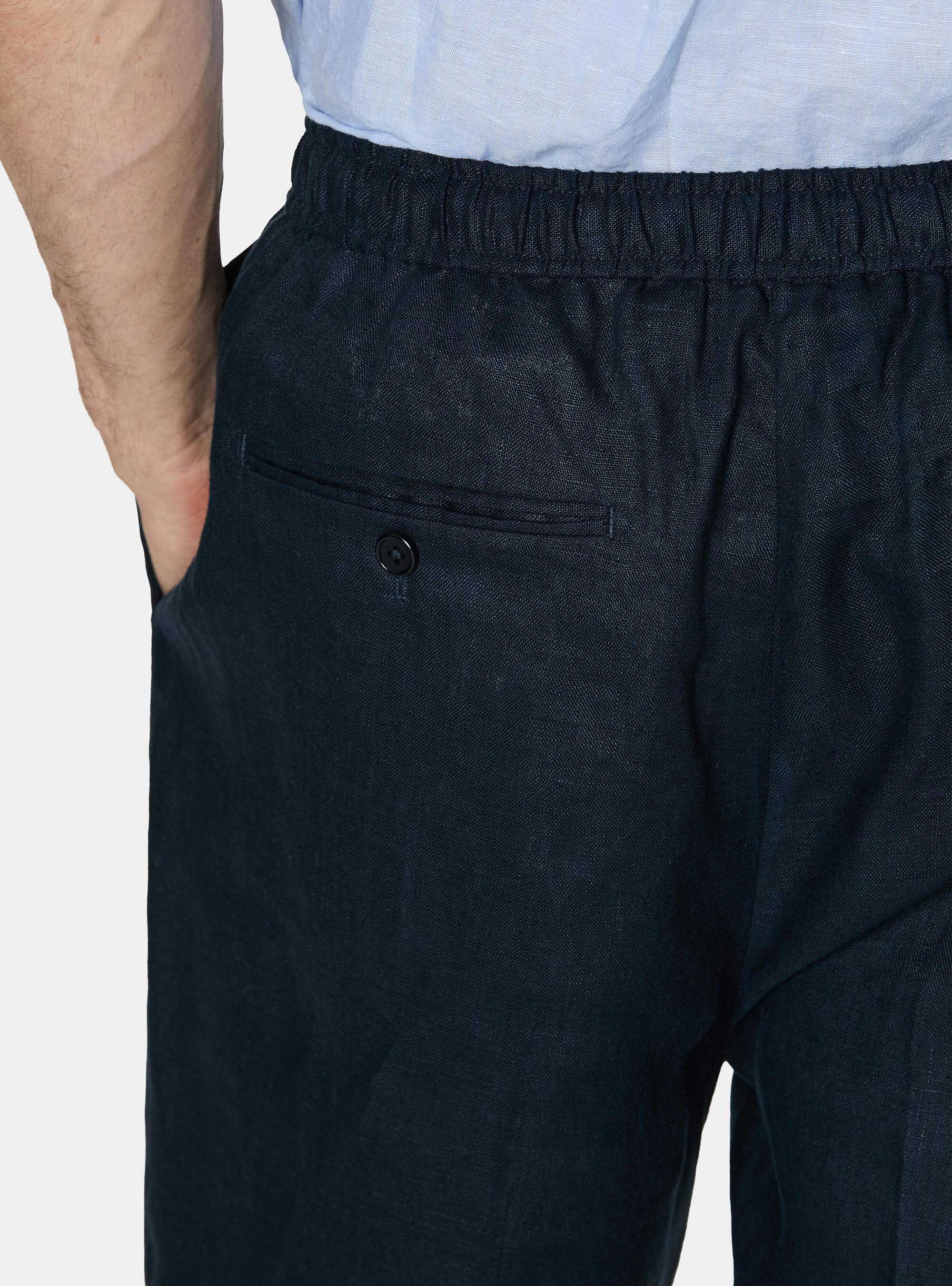 Pure linen trousers with pleat and drawstring, NAVY BLUE