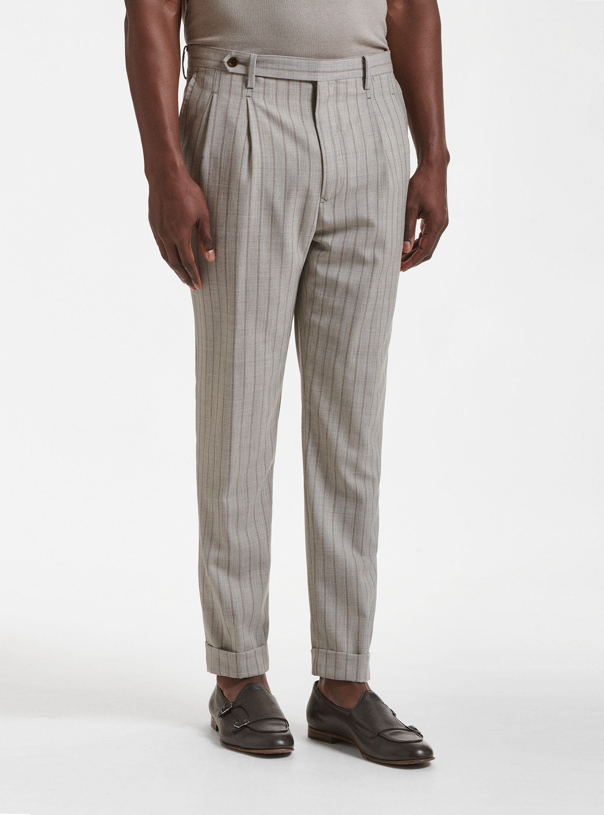 Pantalon &agrave; pinces doubles en pure laine ray&eacute;e, SABLE