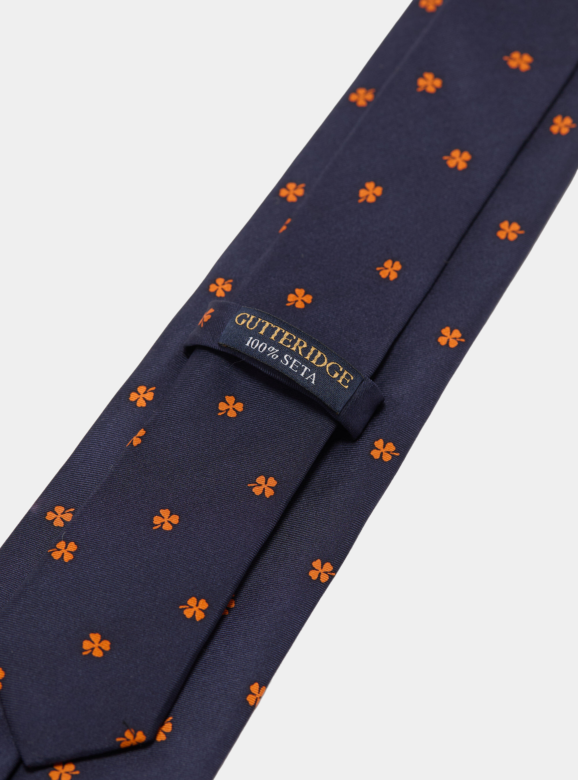 Corbata de seda con estampado de tr&eacute;bol de cuatro hojas, NAVY/ORANGE