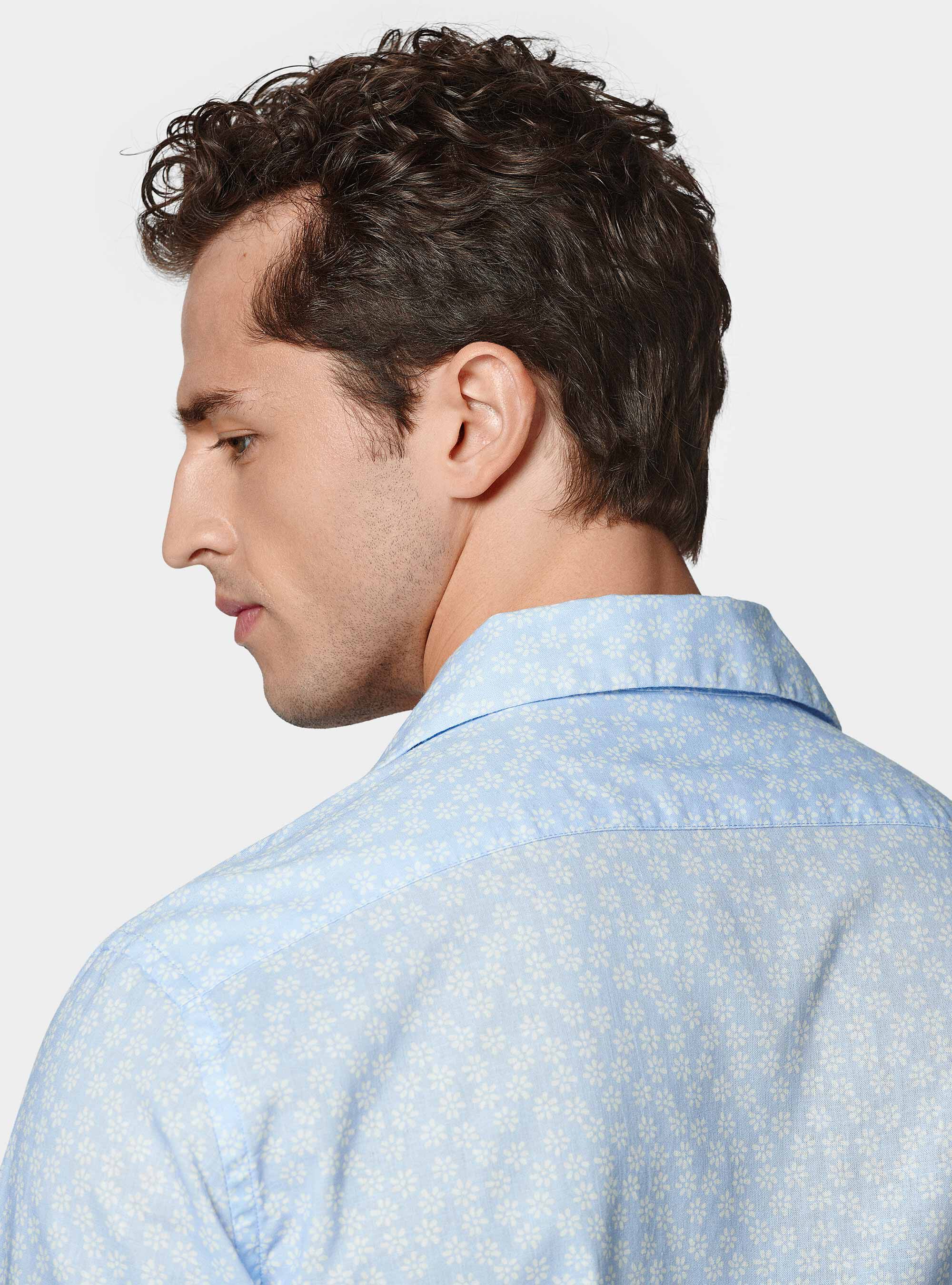 Camicia bowling in lino e cotone stampato, AZZURRO