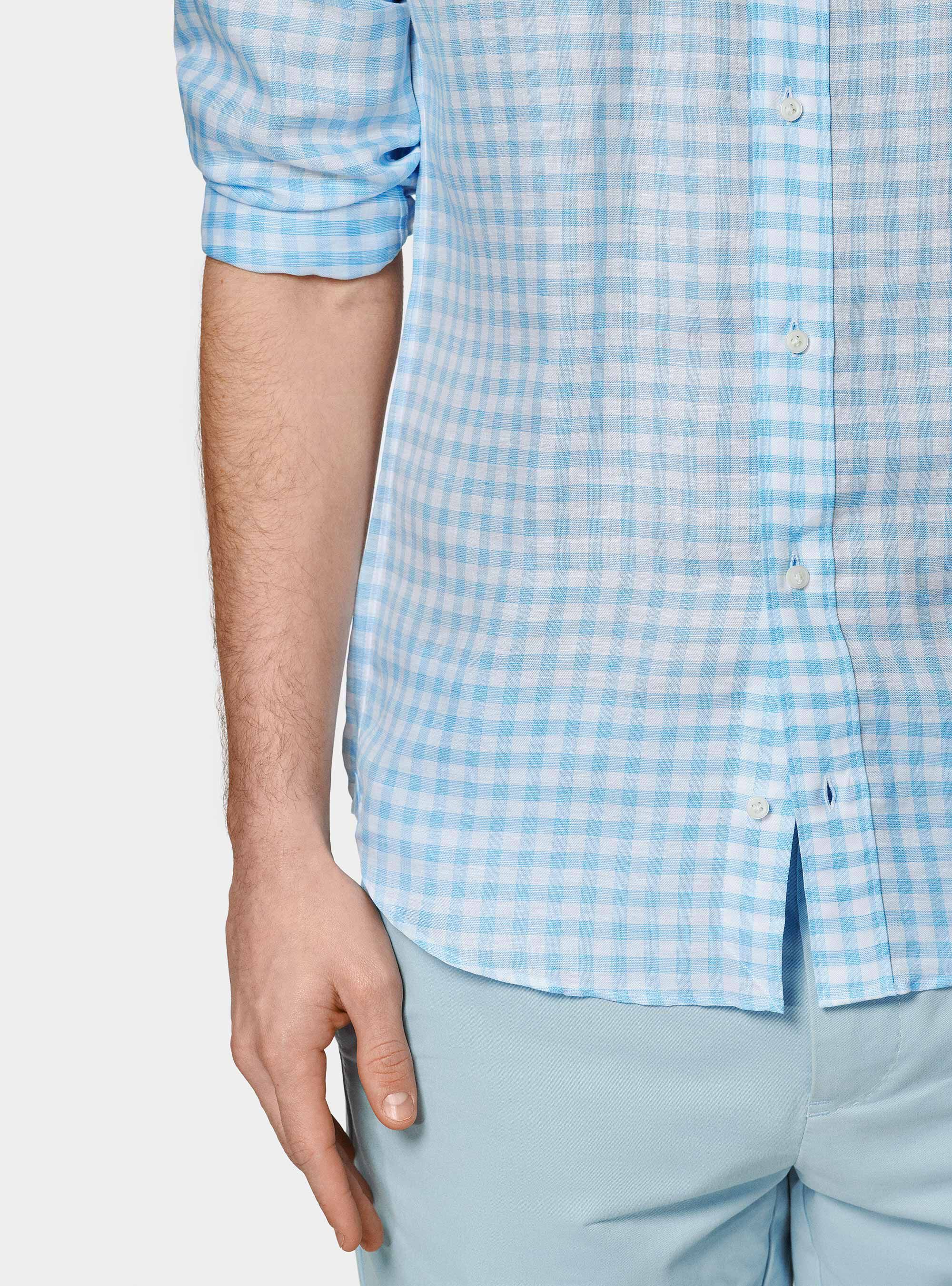 Light blue linen blend checked shirt, LIGHT BLUE