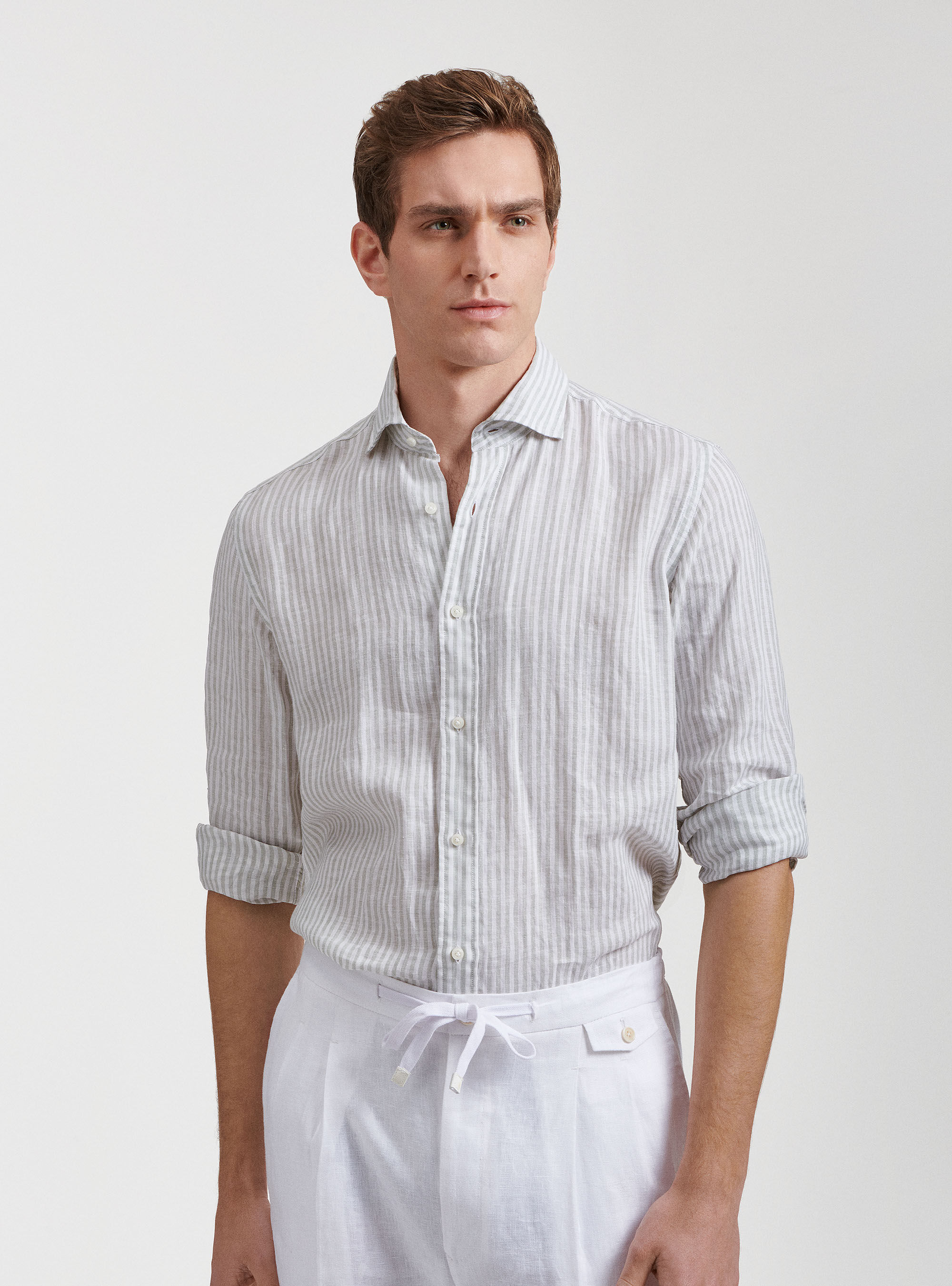 Chemise &agrave; col semi-fran&ccedil;ais, lin pur ray&eacute;, SALVIA 0602C