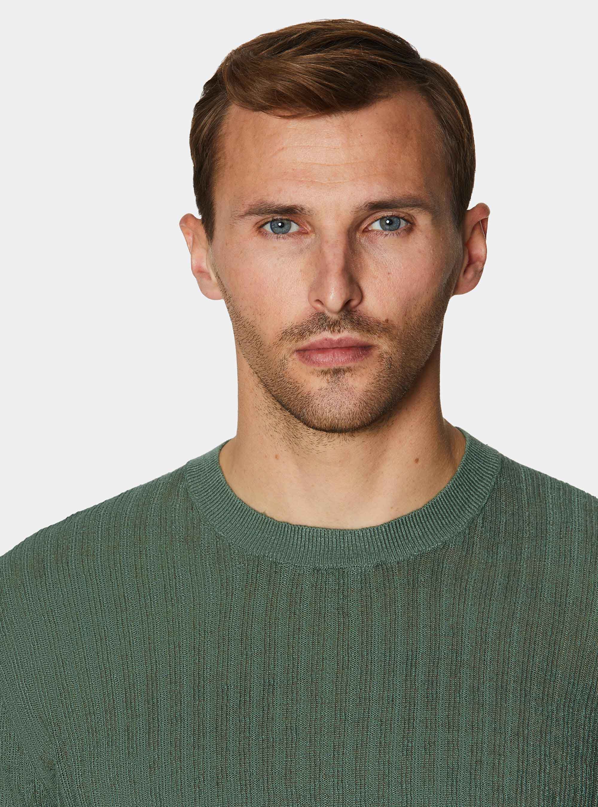 Pure linen ribbed crew neck sweater, SALVIA 0602C