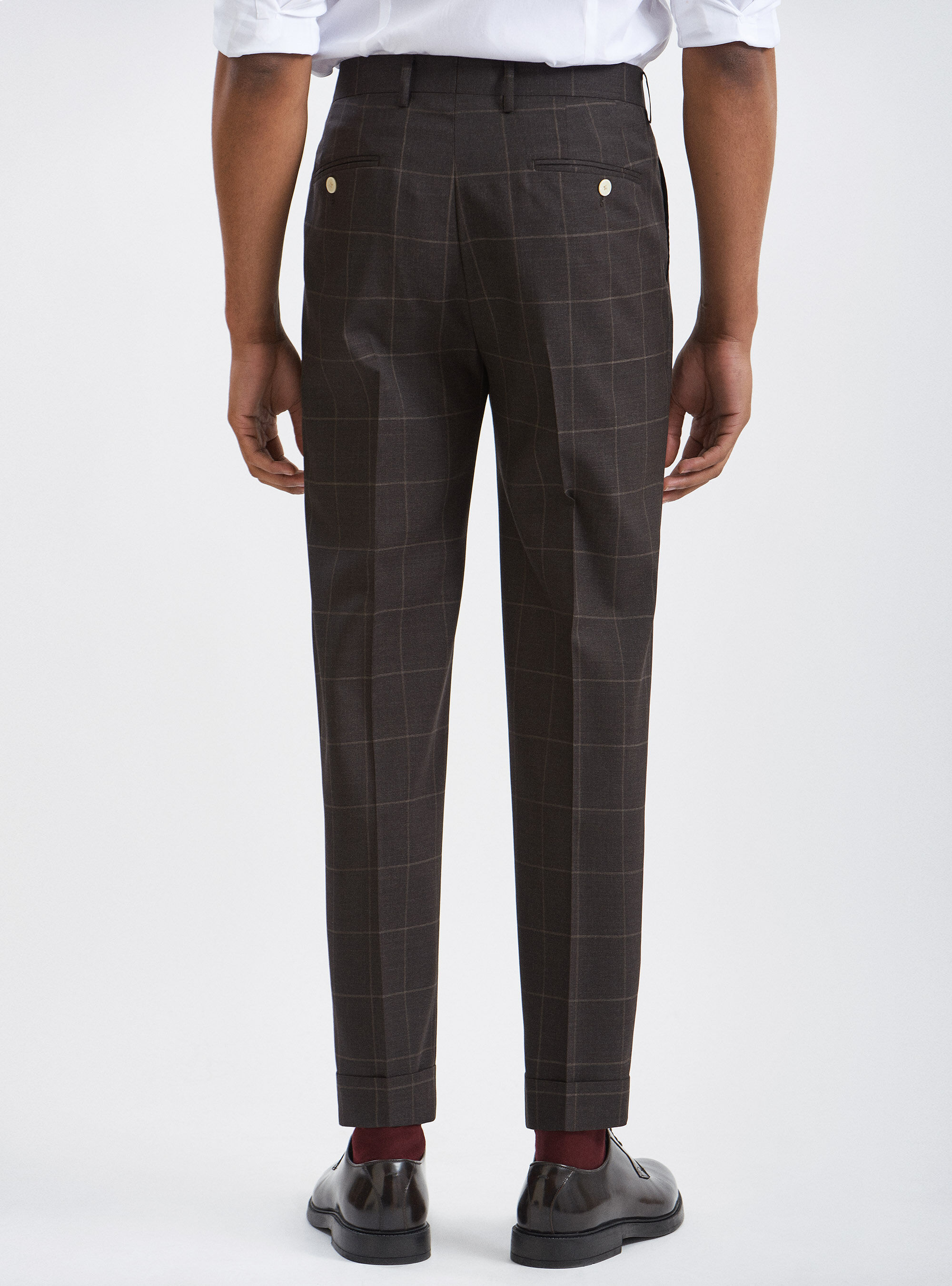 Pantaloni a quadri doppia pince in pura lana tessuto Vitale Barberis Canonico, MARRONE