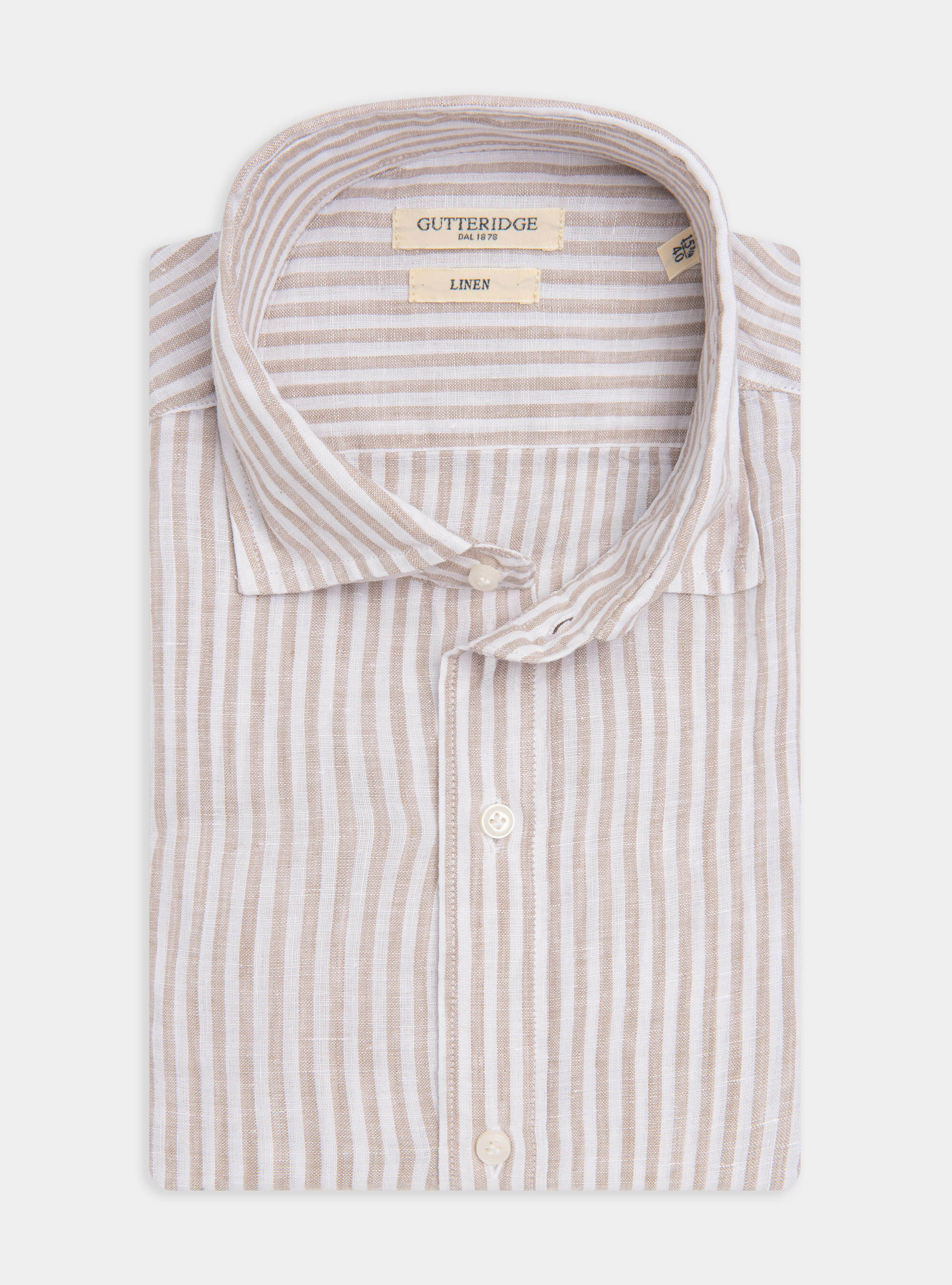 Semi-French collar shirt in pure linen striped, SAND