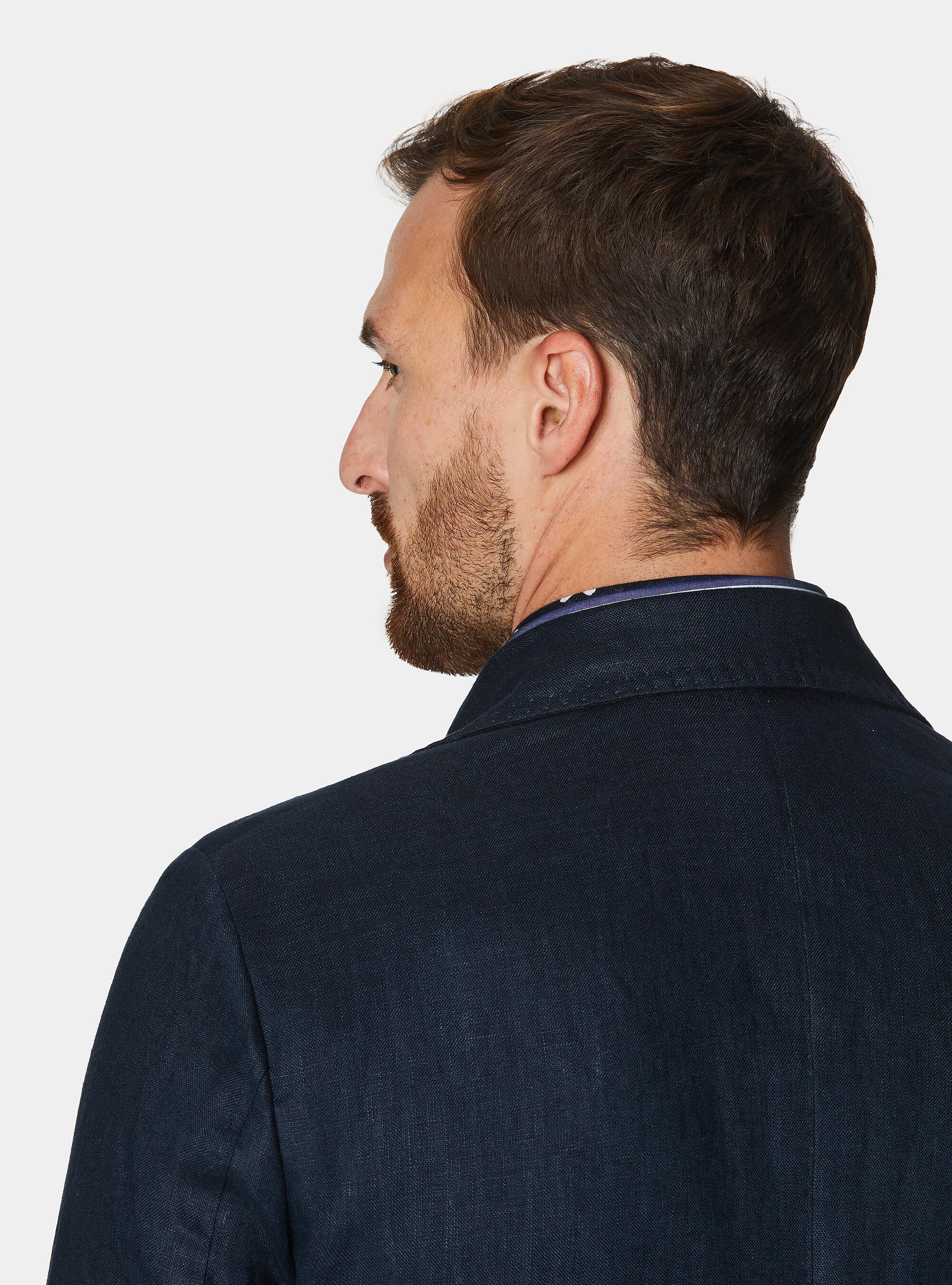 Veste crois&eacute;e en lin avec bouton m&eacute;tallique, BLEU MARINE