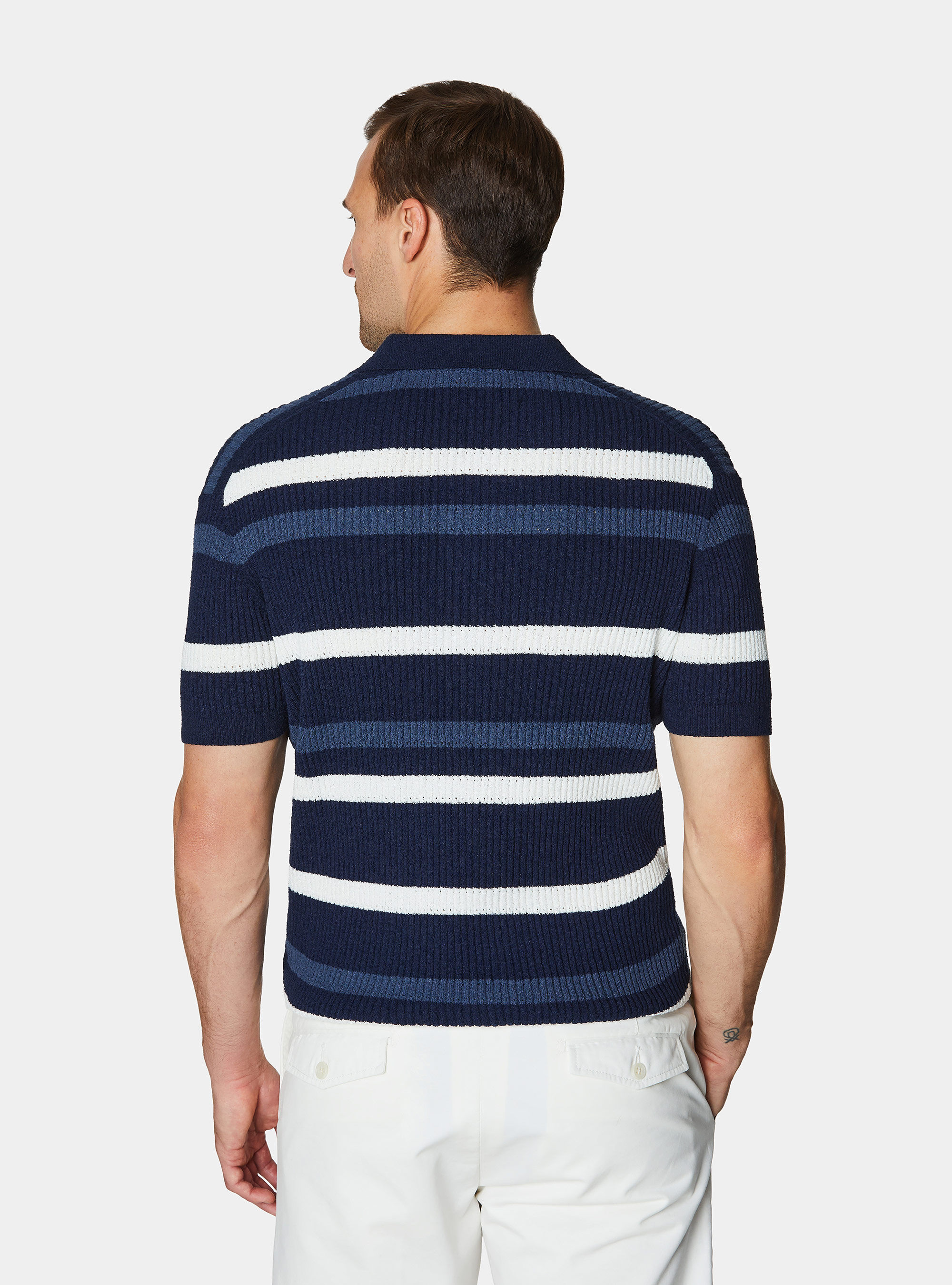 Striped boucl&eacute; knit polo shirt, NAVY BLUE