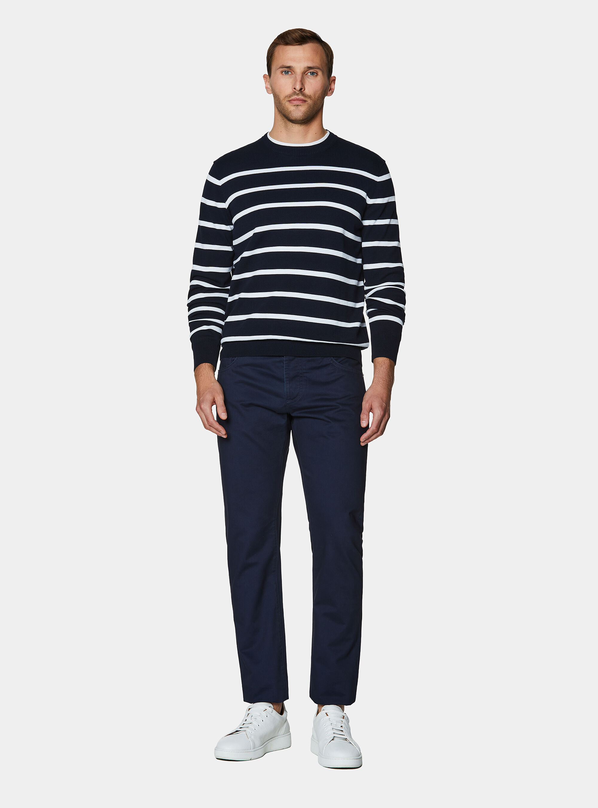 Crew-neck sweater in extra-fine striped cotton