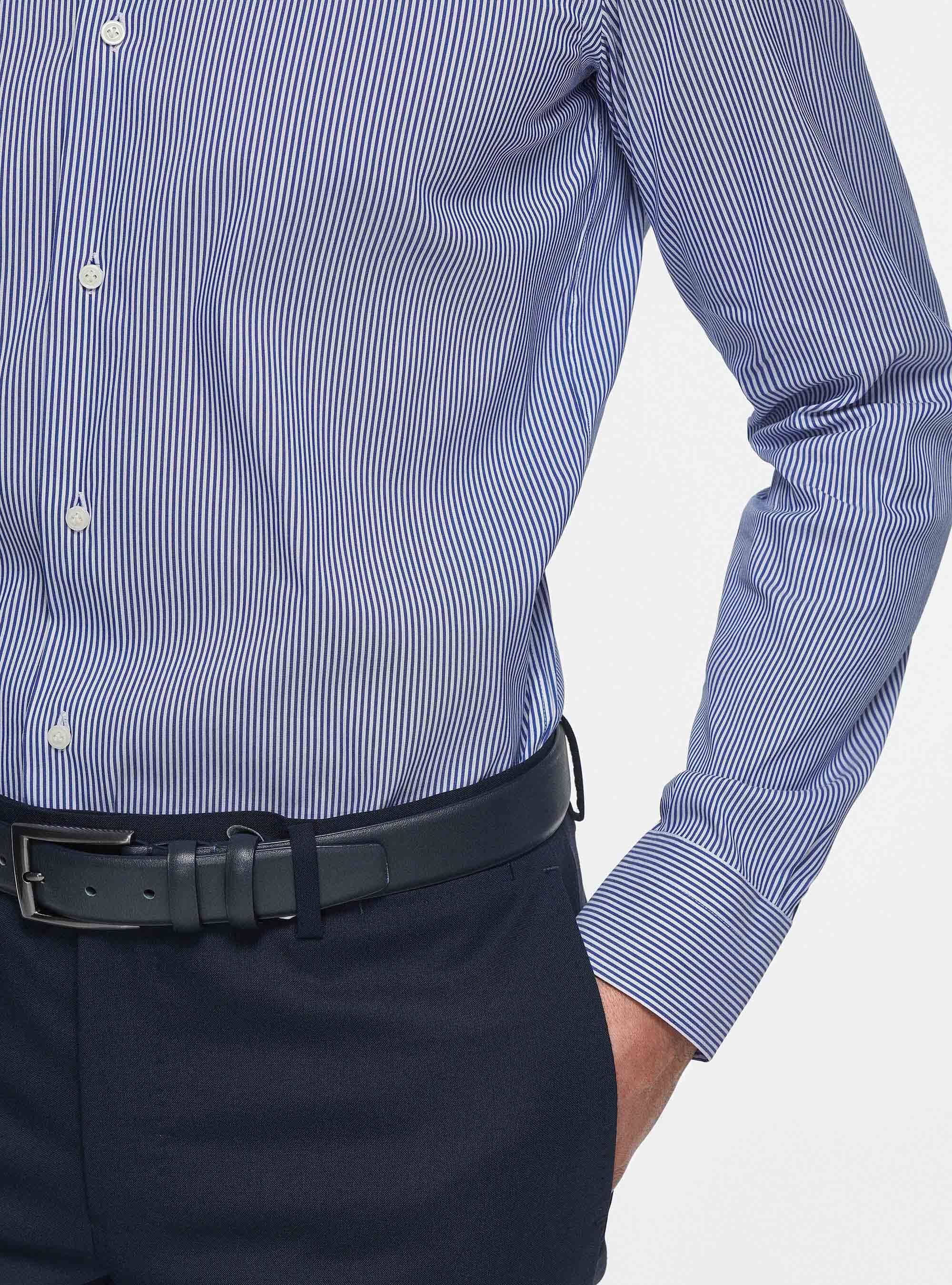 Chemise &agrave; rayures en popeline stretch, BLEU
