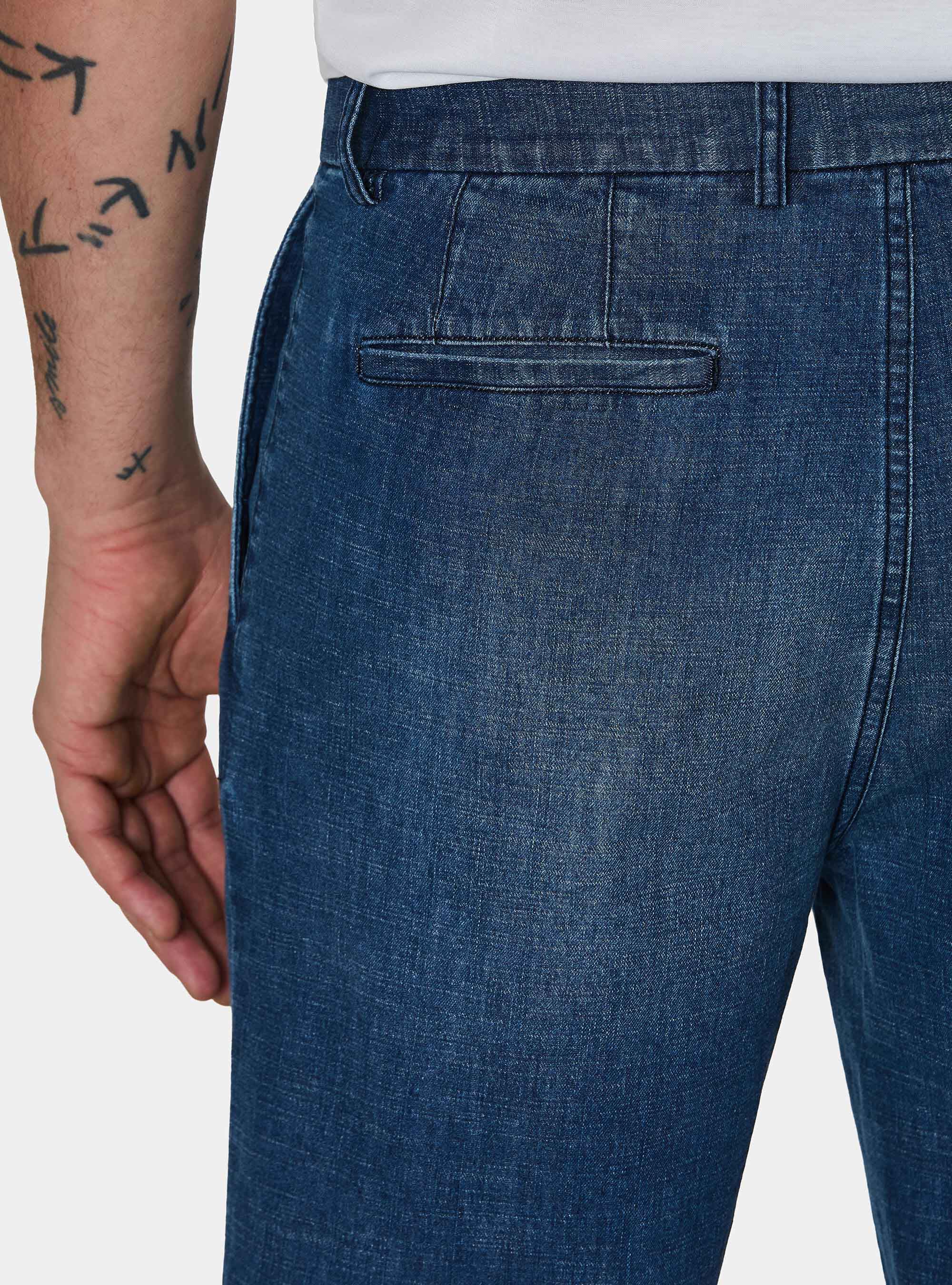 Pantalon ample &agrave; pinces en coton chambray, BLEU