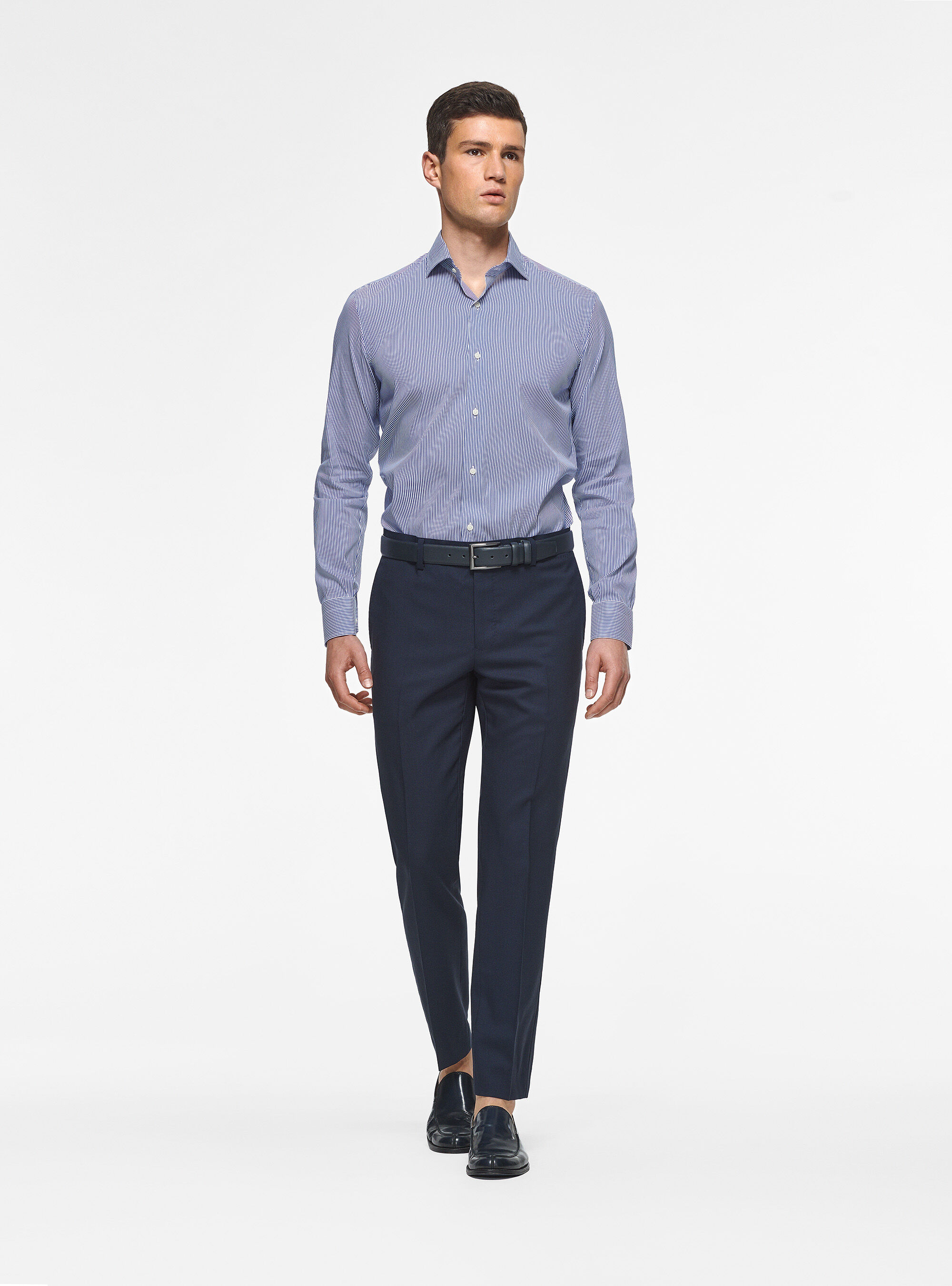 Chemise &agrave; rayures en popeline stretch, BLEU