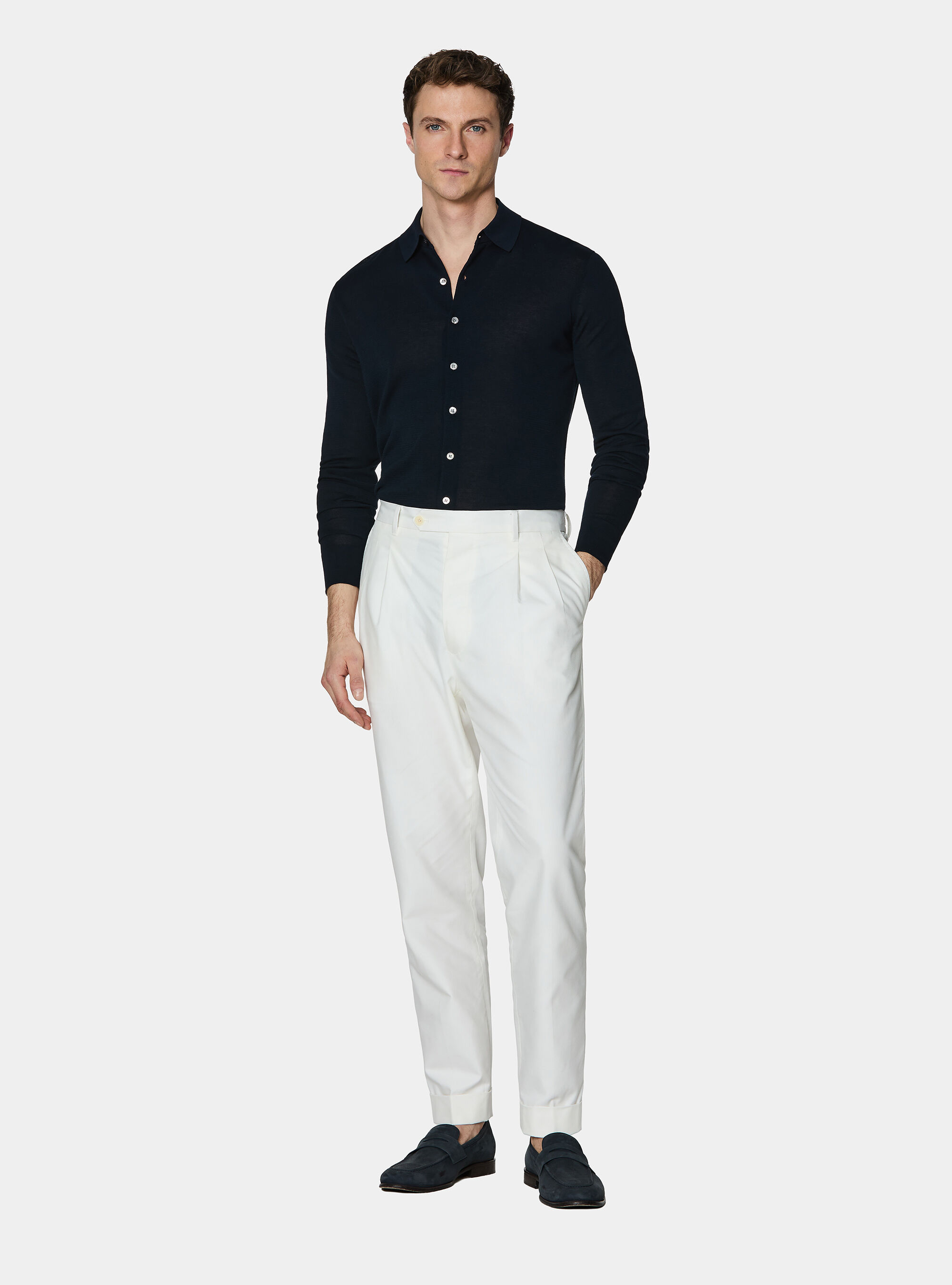 Polo chemise en coton et soie, BLEU MARINE