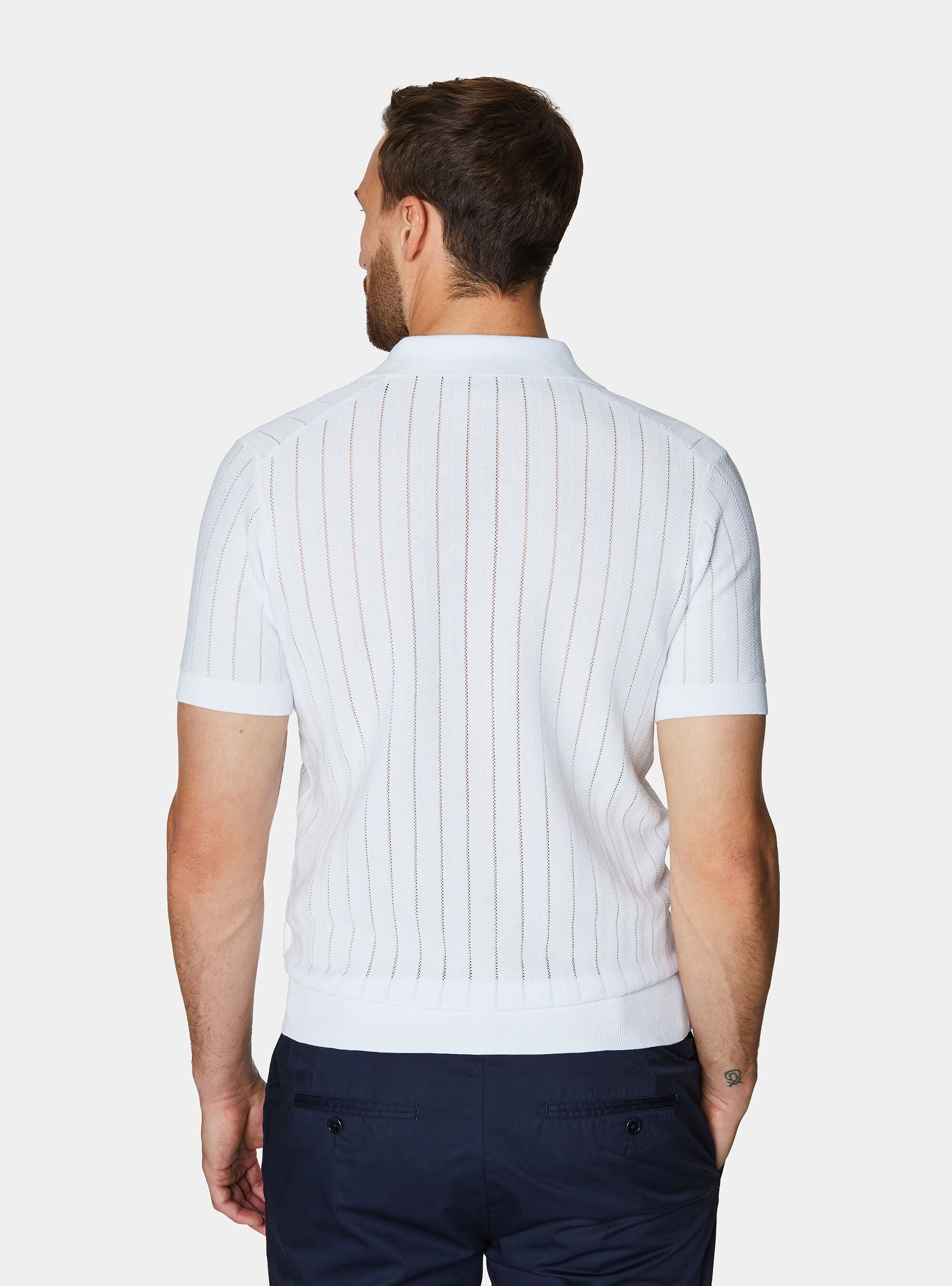 Polo perforado de algod&oacute;n a rayas, BLANCO