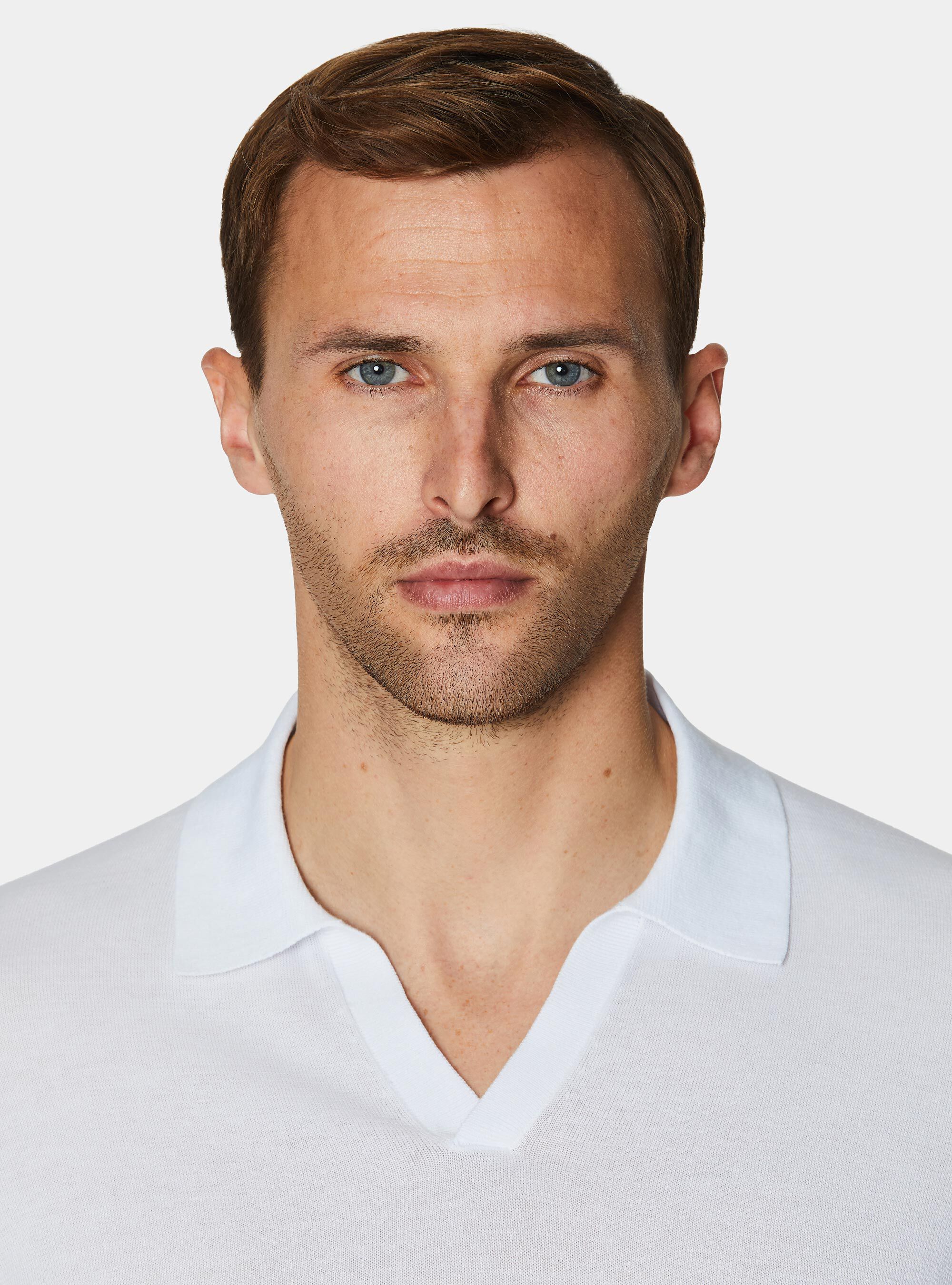 Buttonless knitted polo shirt in extra-fine cotton, WHITE
