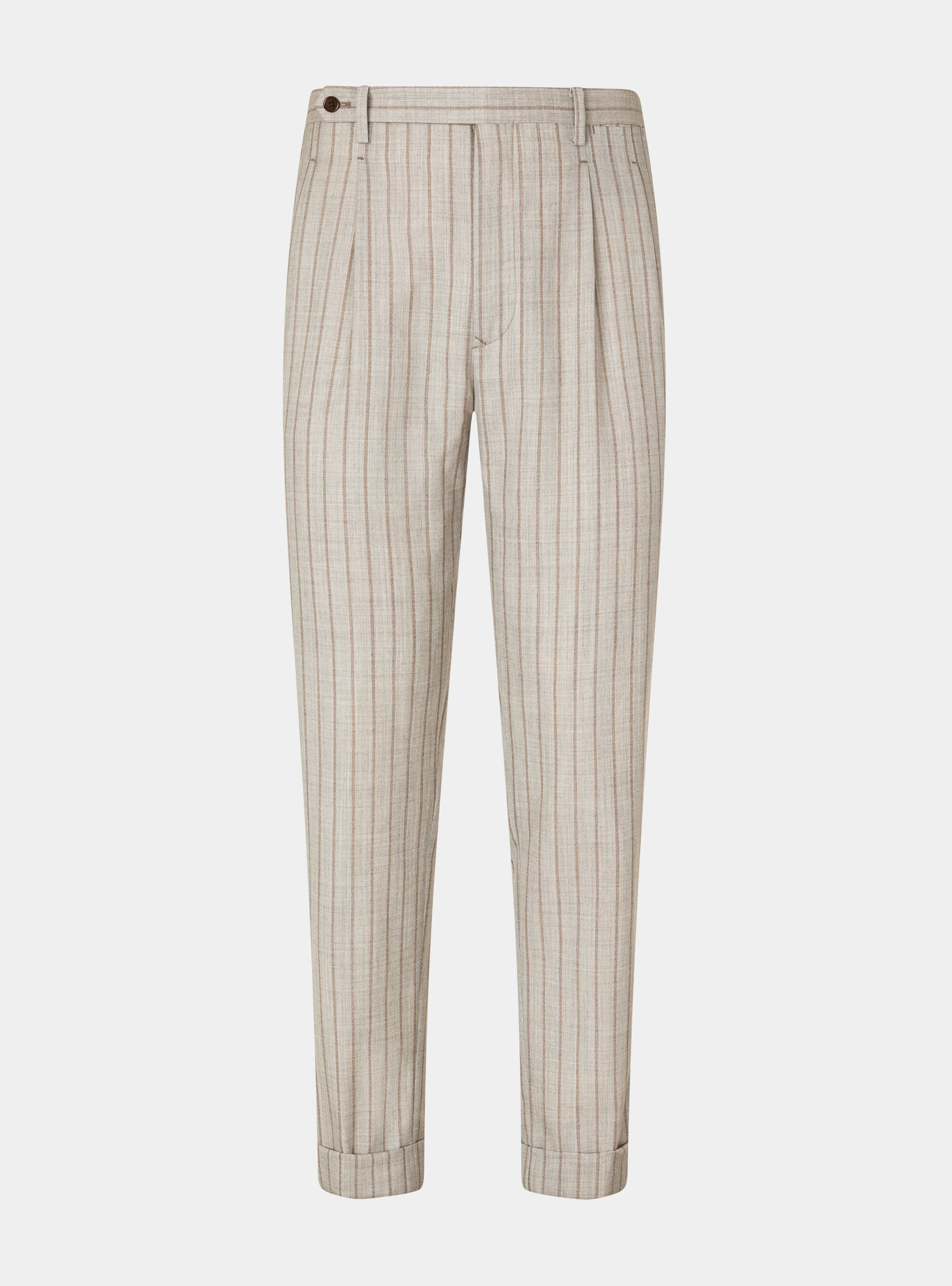 Pantalon &agrave; pinces doubles en pure laine ray&eacute;e, SABLE