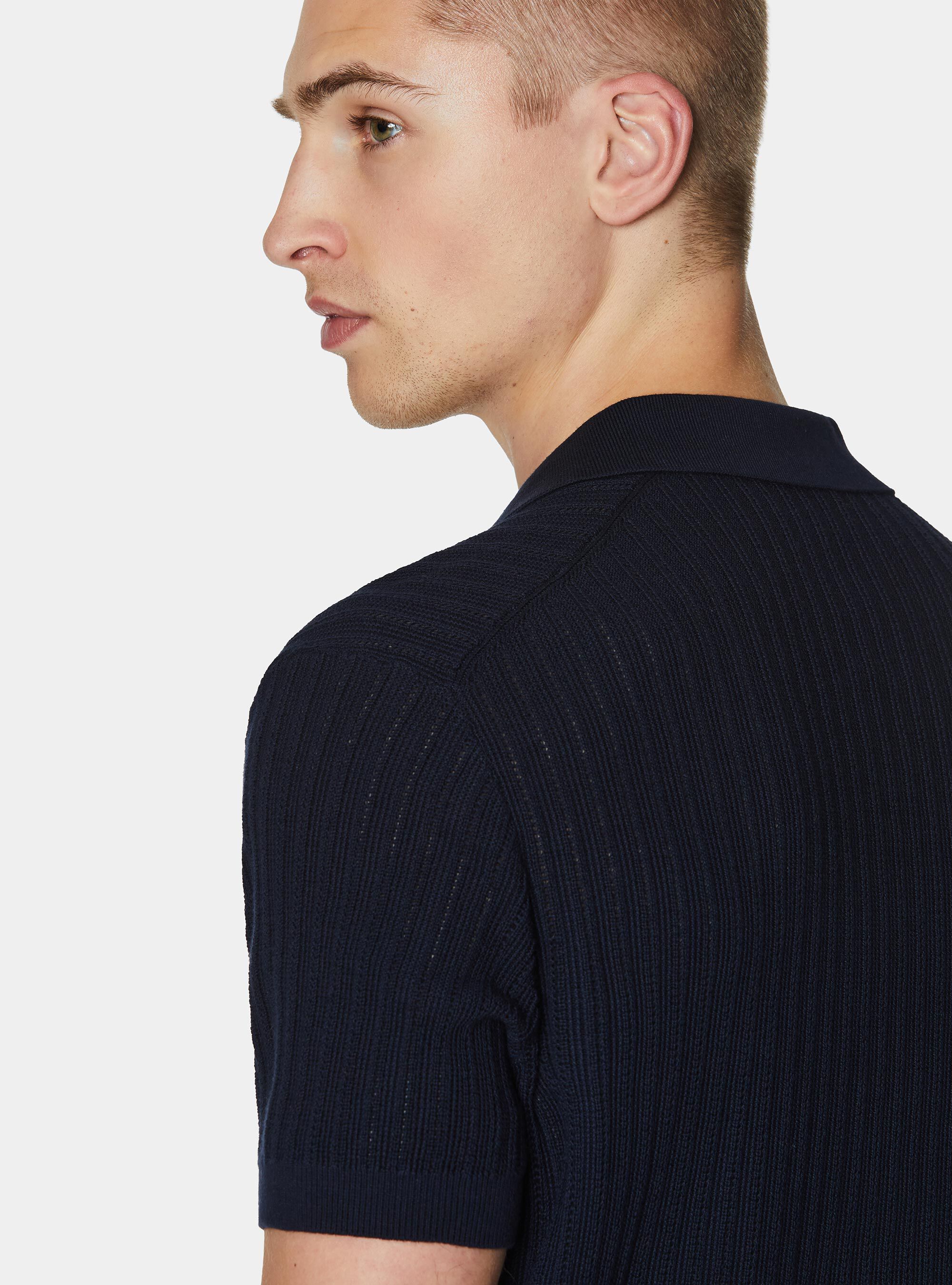 Polo en tricot perfor&eacute; sans boutons en coton extra-fin, BLEU MARINE