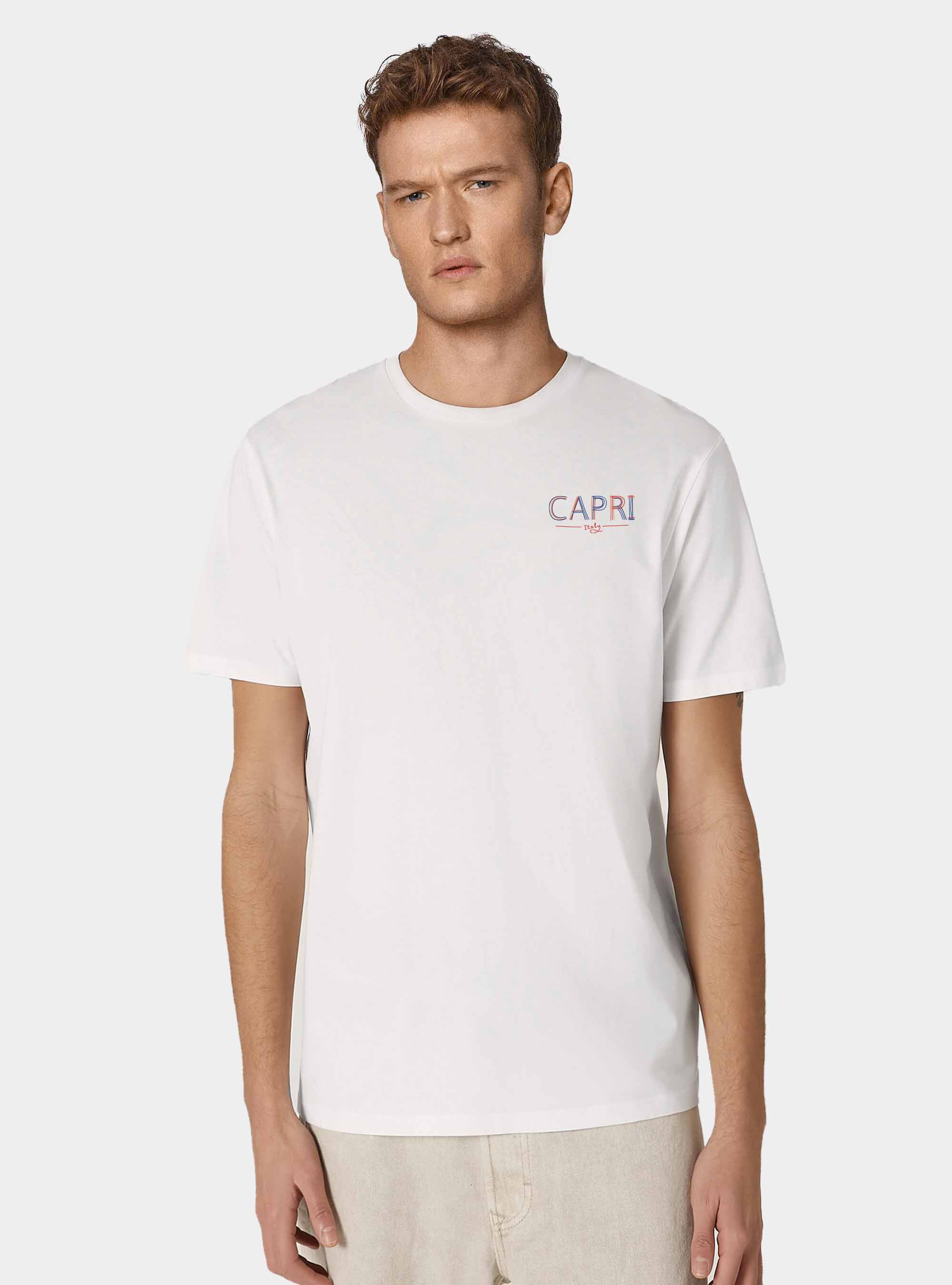 T-shirt mezza manica in cotone con stampa Capri Italy, BIANCO