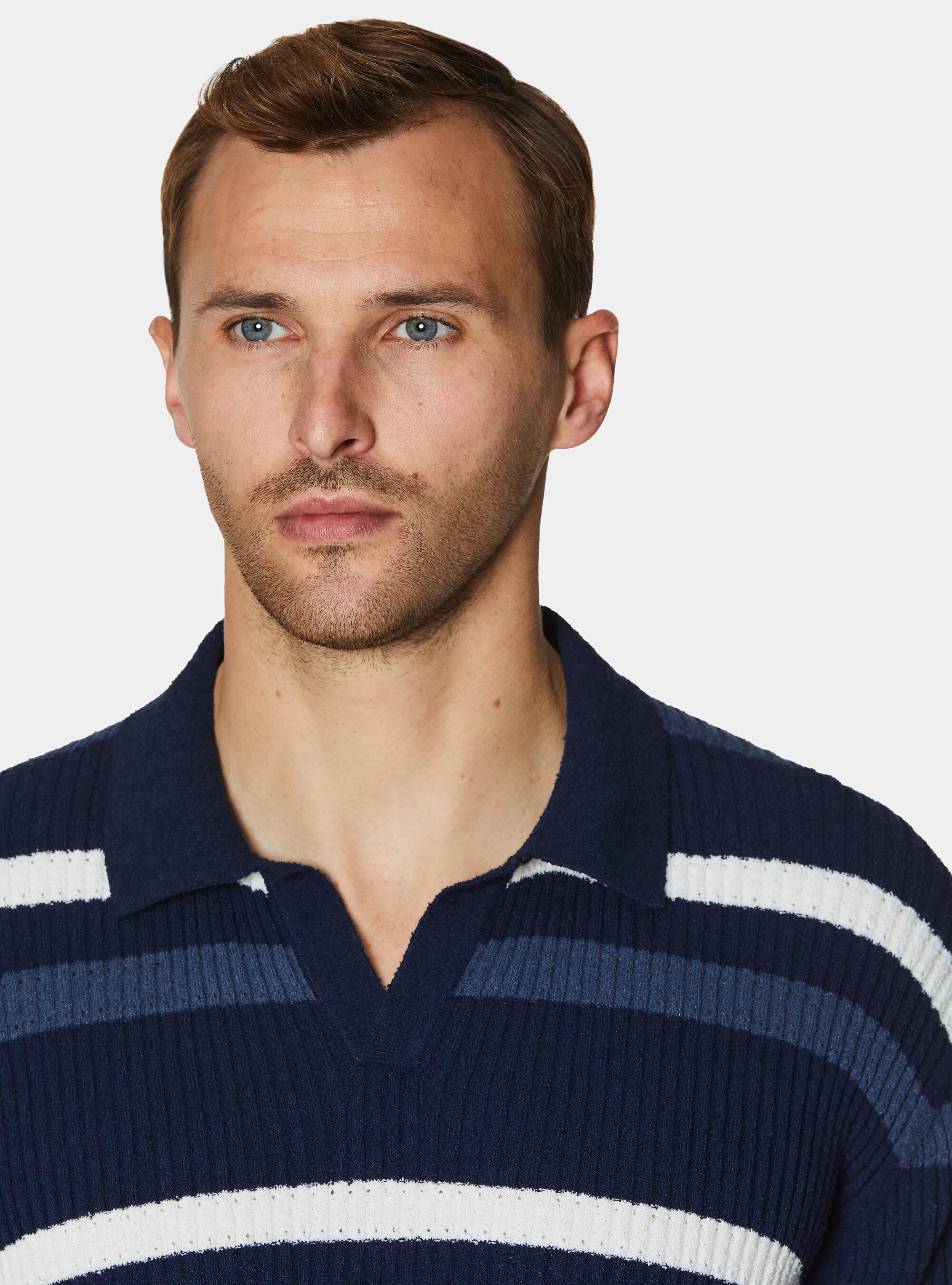 Striped boucl&eacute; knit polo shirt, NAVY BLUE