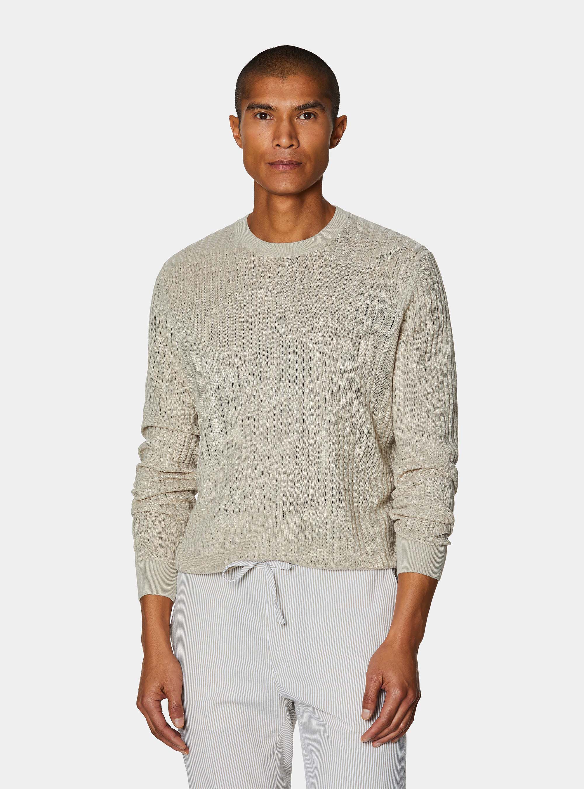 Pure linen ribbed crew neck sweater