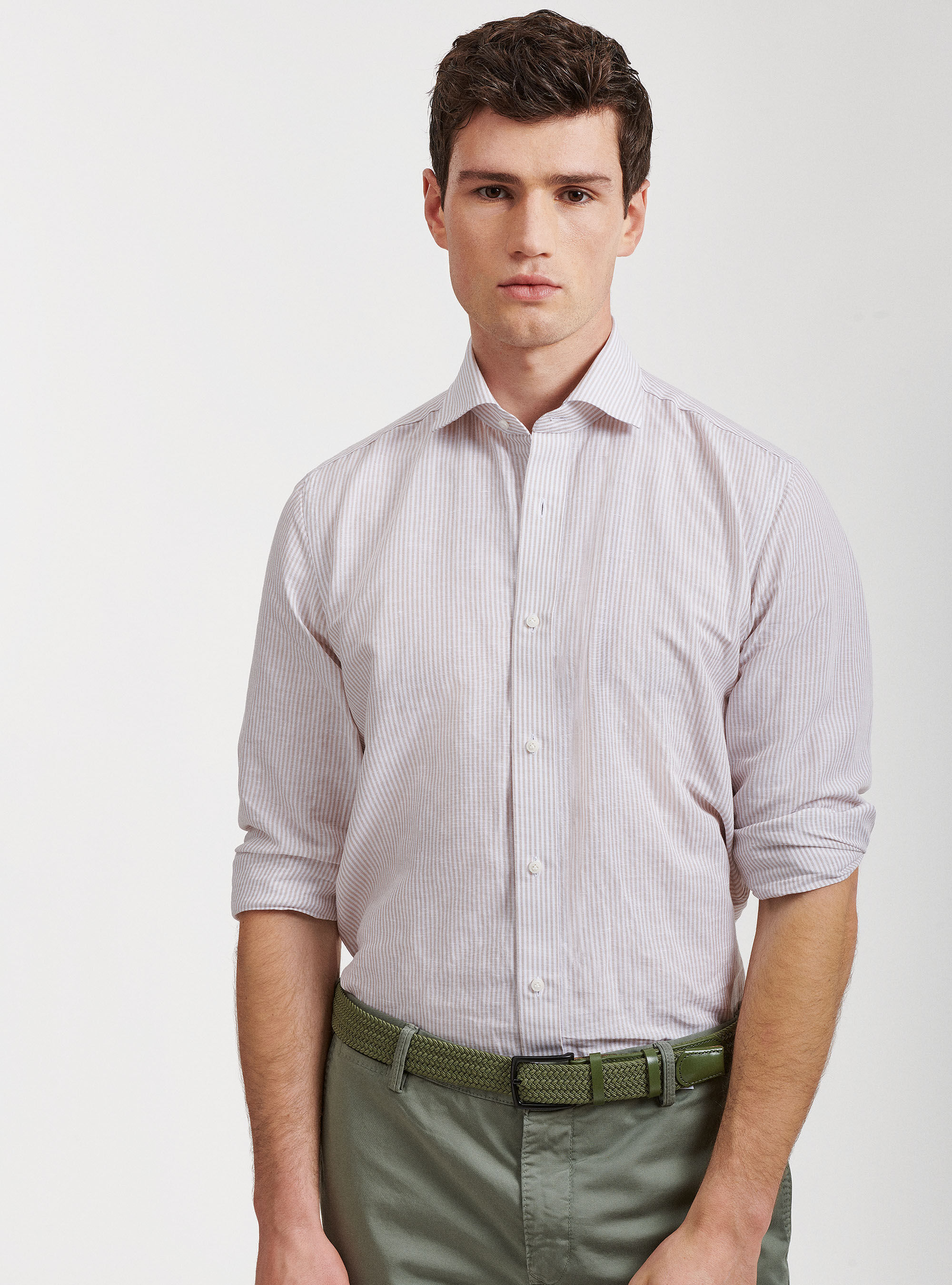 Semi-French collar shirt in linen and striped cotton