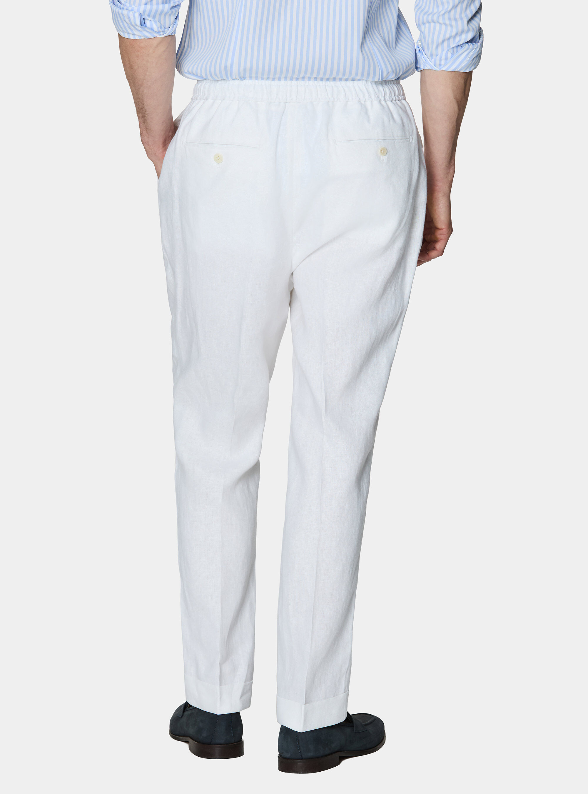 Pure linen trousers with pleat and drawstring, WHITE