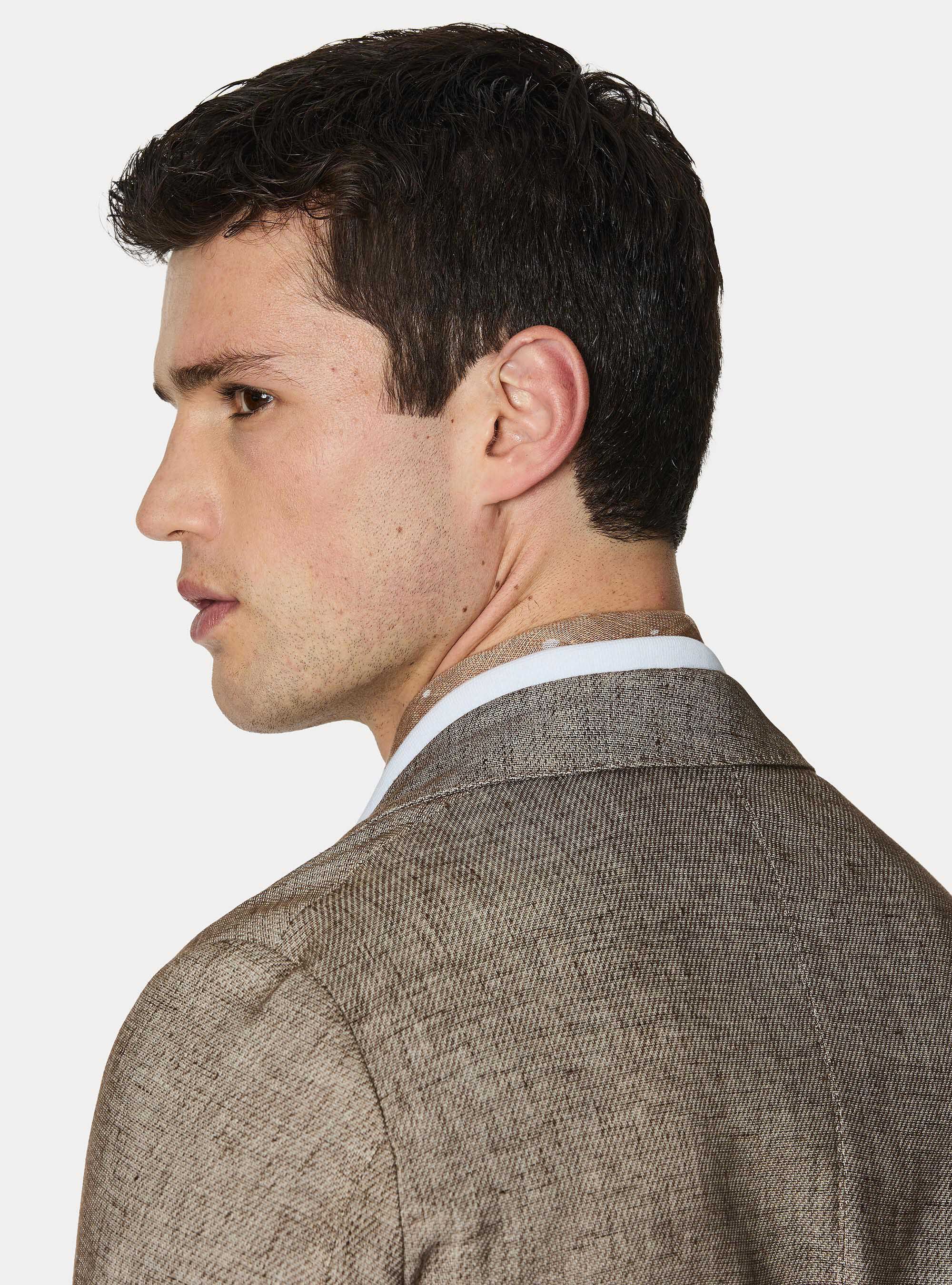 Blazer in cotton and slubbed linen, BROWN