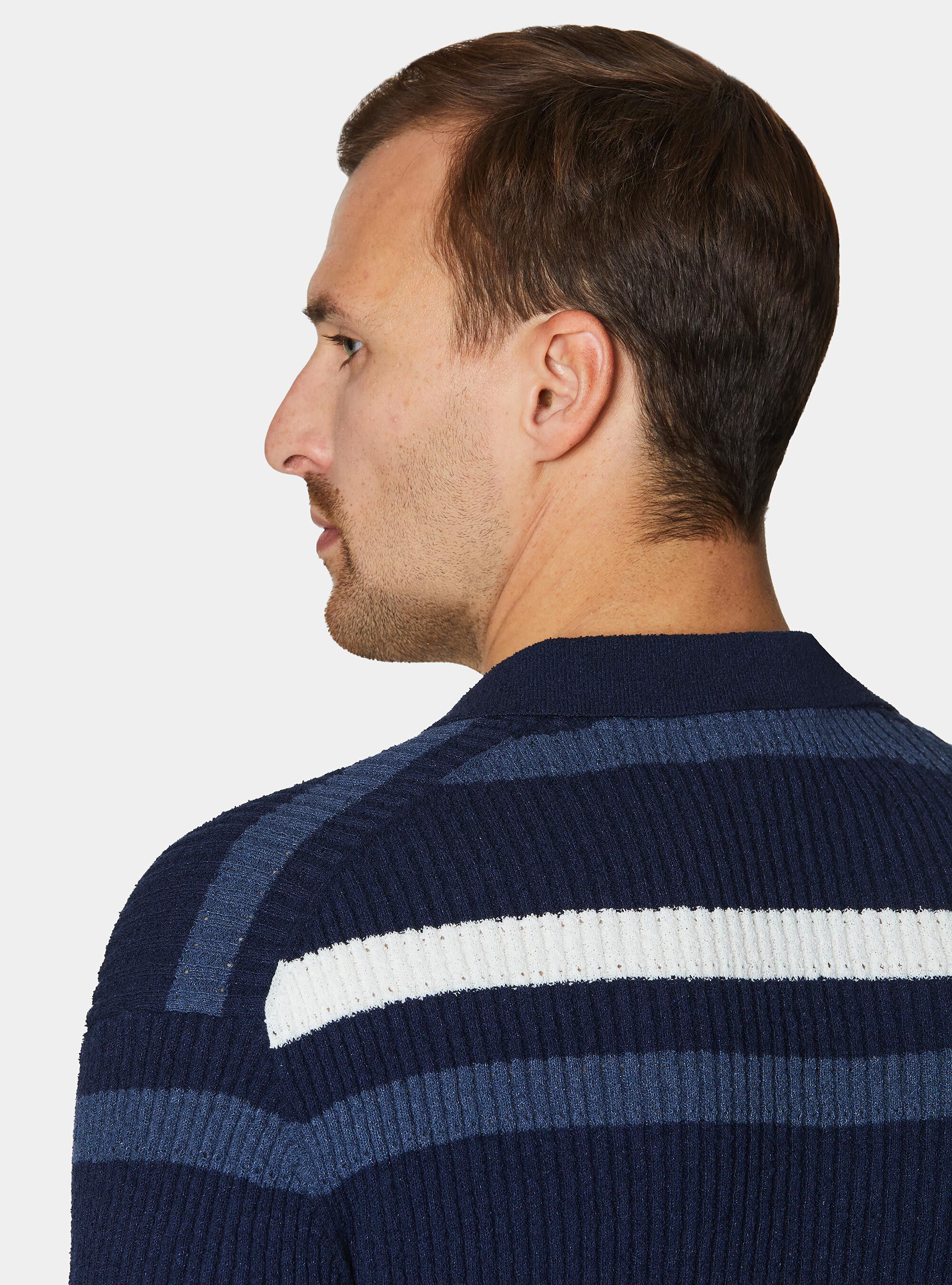 Striped boucl&eacute; knit polo shirt, NAVY BLUE