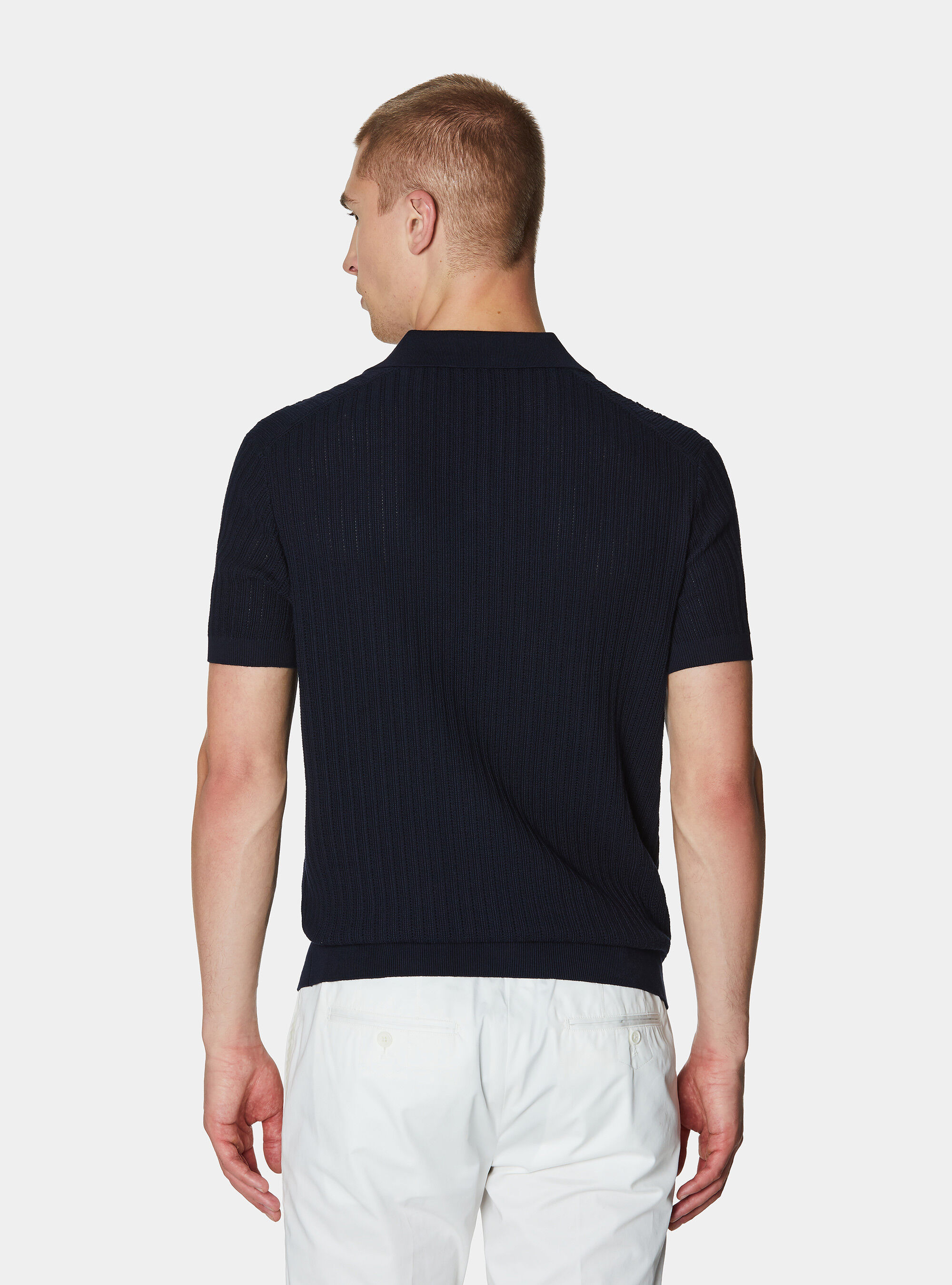 Polo en tricot perfor&eacute; sans boutons en coton extra-fin, BLEU MARINE