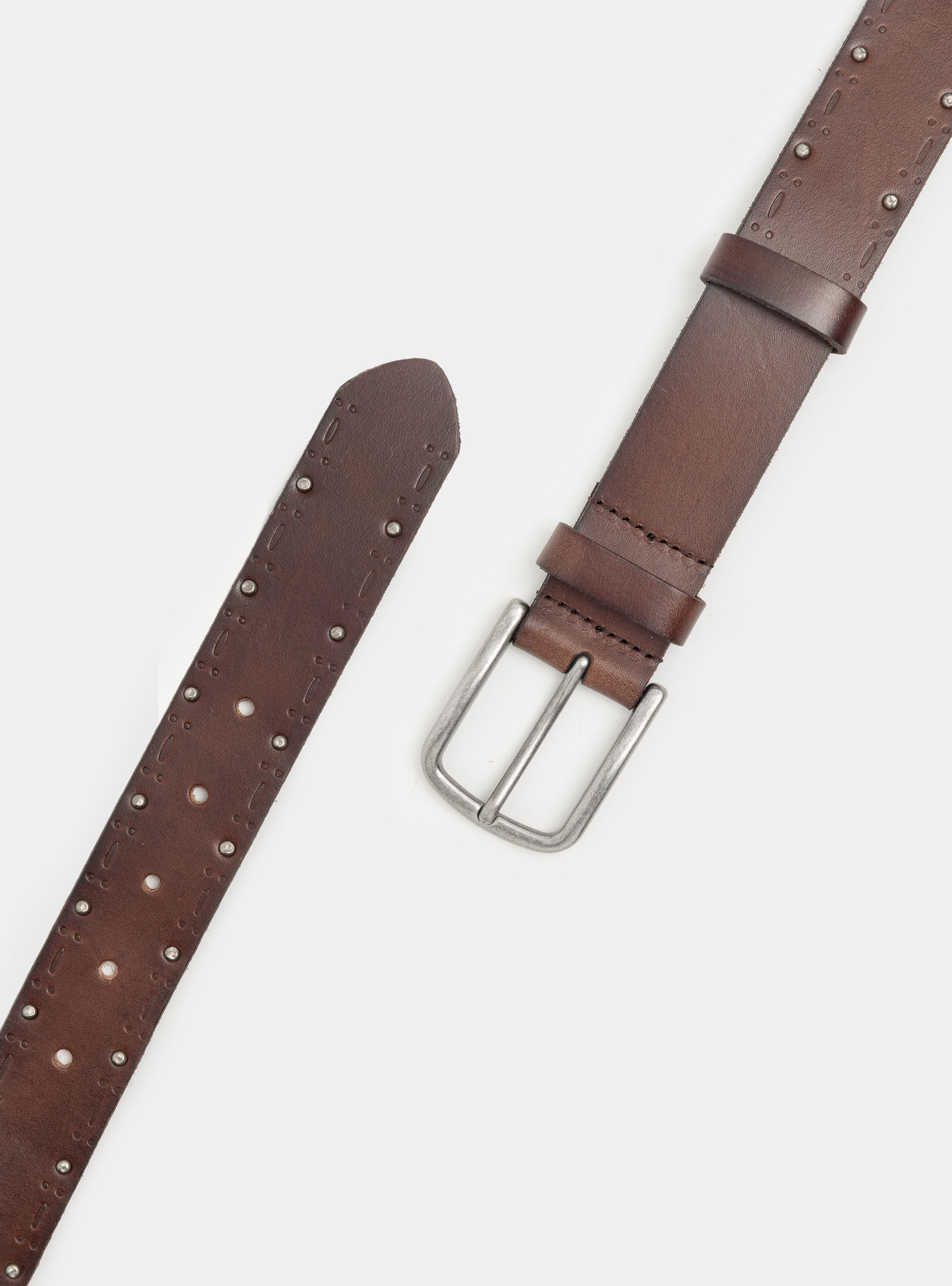 Perforated leather belt with studs, BROWN