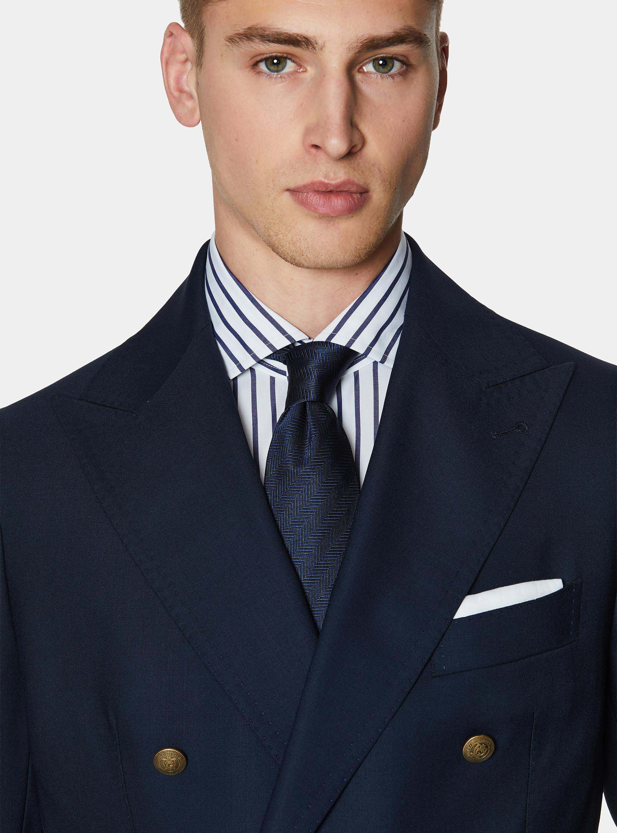 Double-breasted blazer in pure wool with metal buttons, NAVY