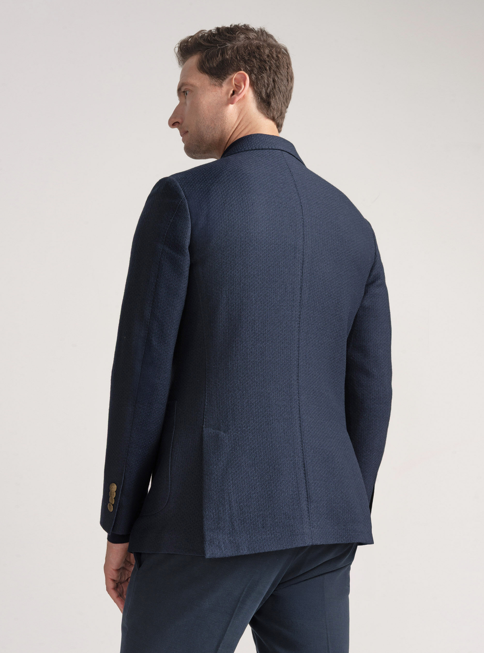 Double-breasted leno blazer in wool and cotton, NAVY BLUE