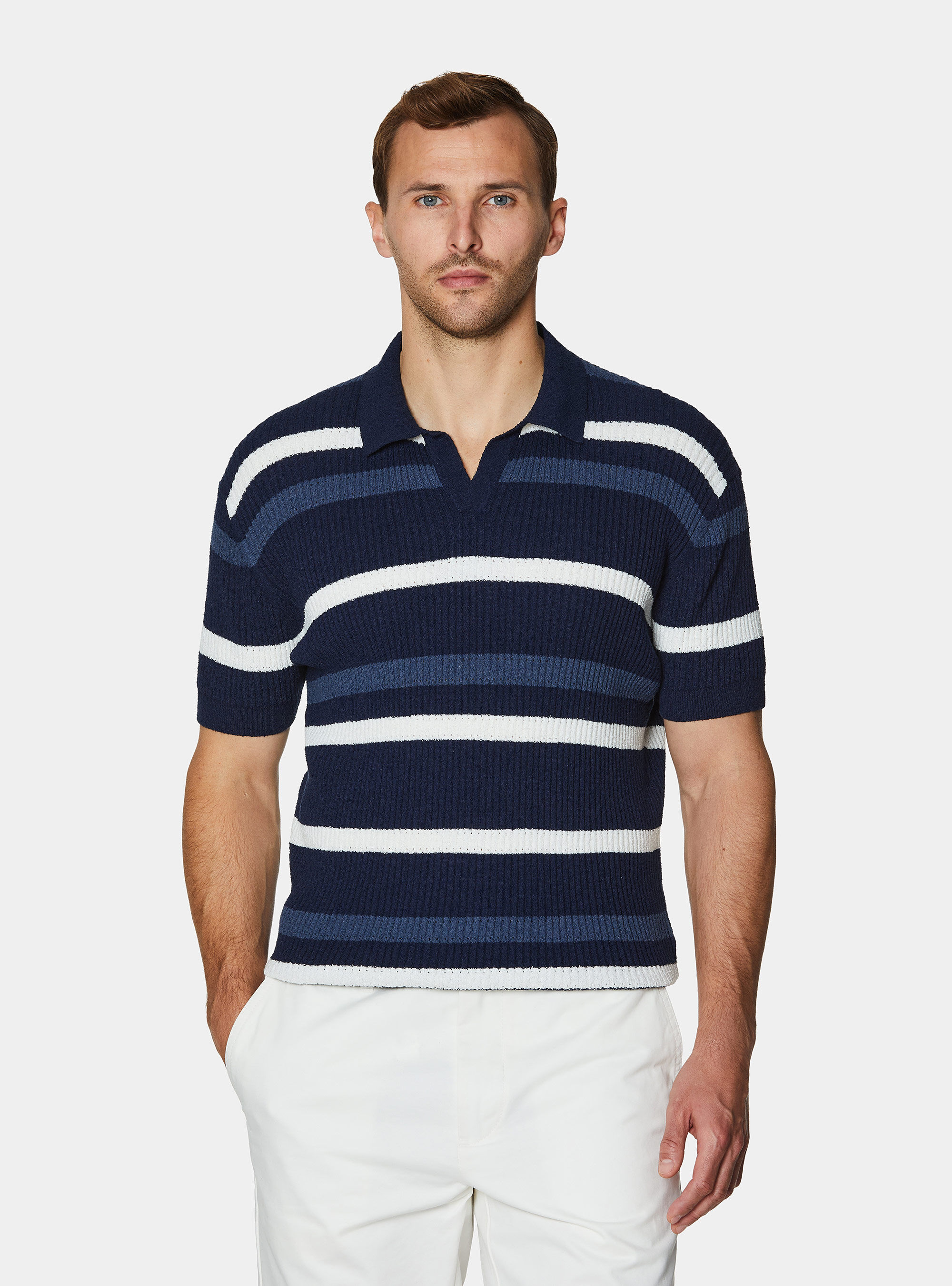 Striped boucl&eacute; knit polo shirt, NAVY BLUE