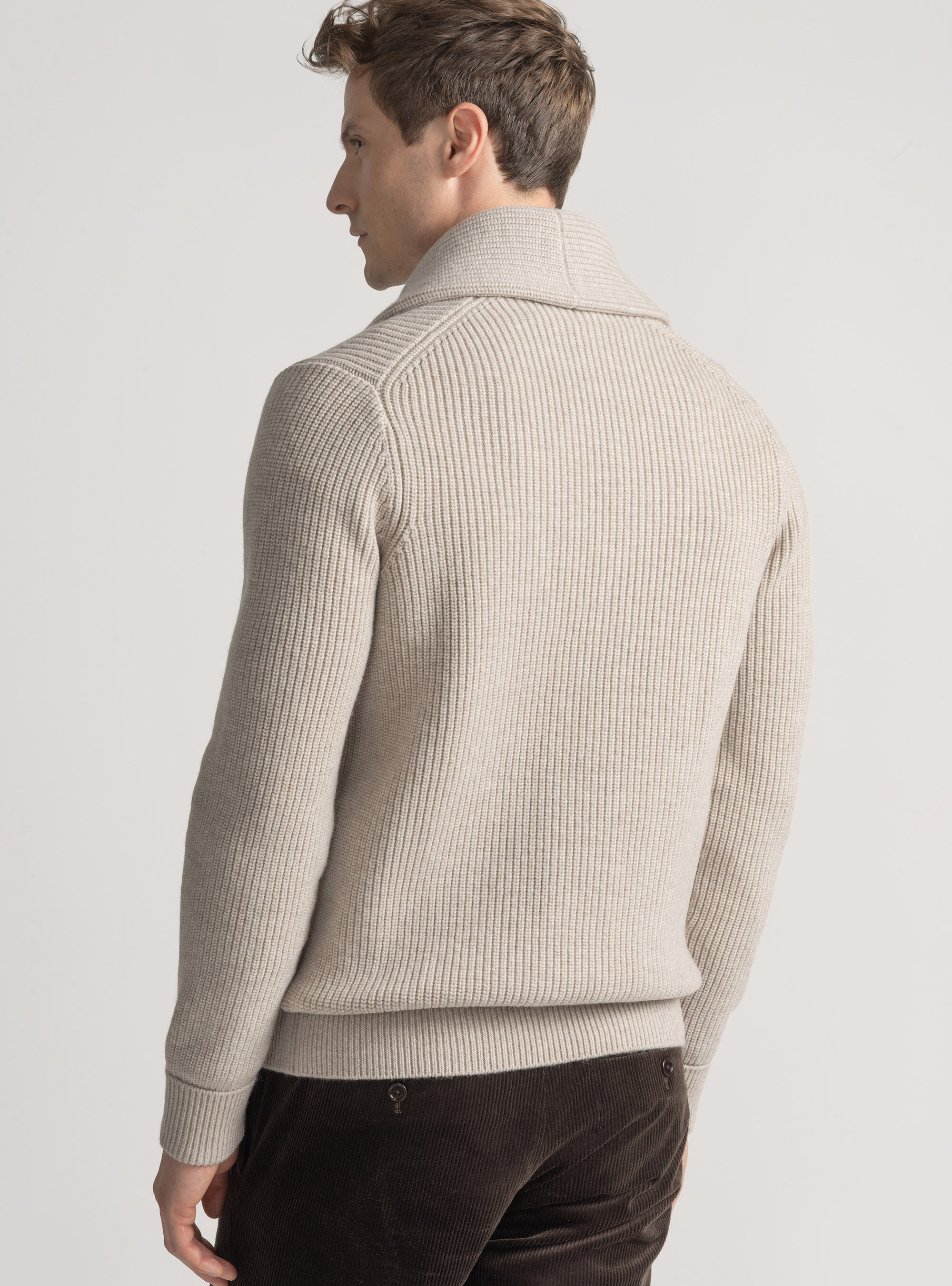 Cardigan in maglia sciallata in lana merino, ECRU