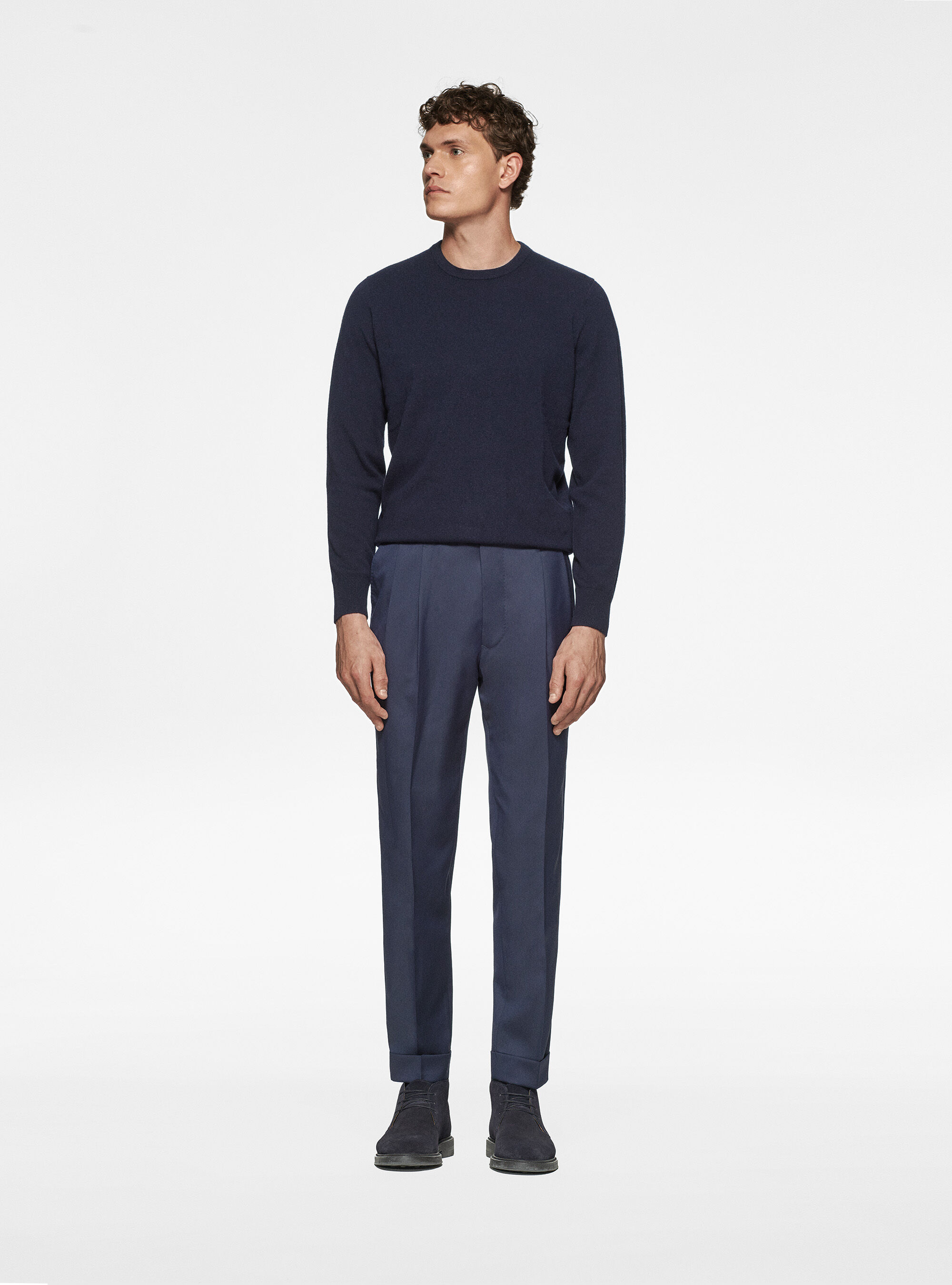 Maglia girocollo in lambswool e cashmere, BLU NAVY