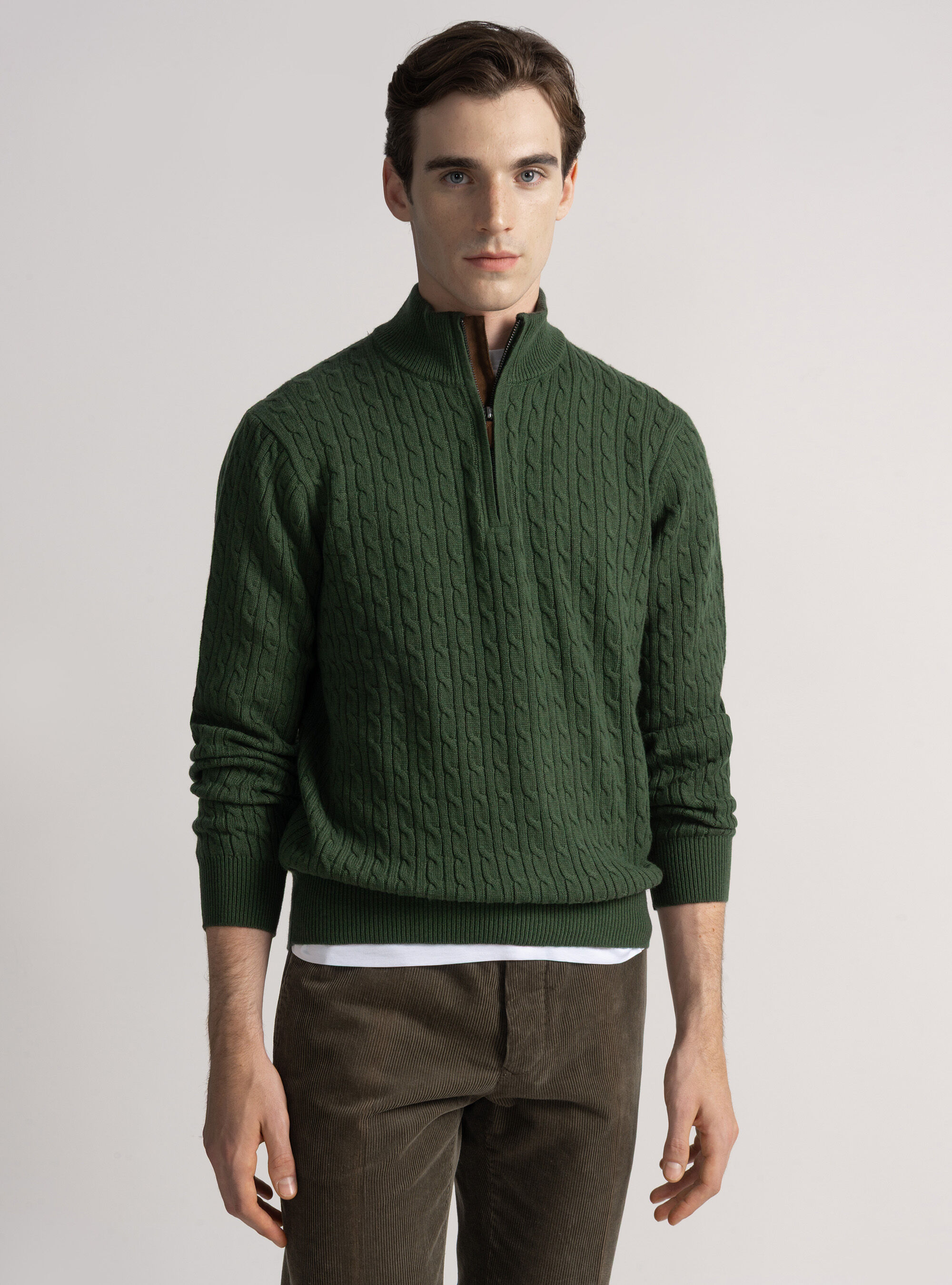 Maglia con collo mock e treccia in misto lana, MILITARE 0609C