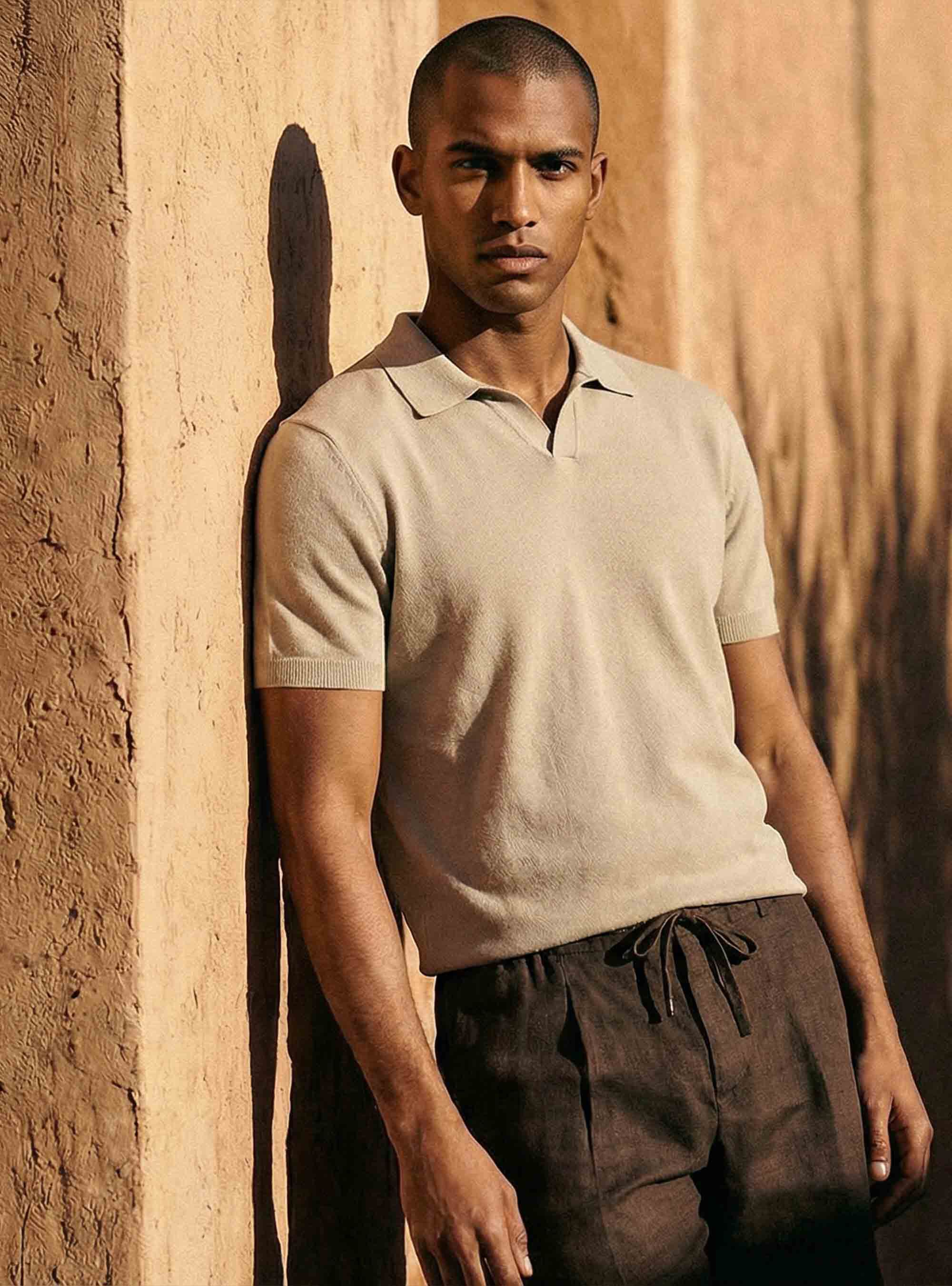 Gestricktes Links-Poloshirt aus extrafeiner Baumwolle, SABBIA 0561C