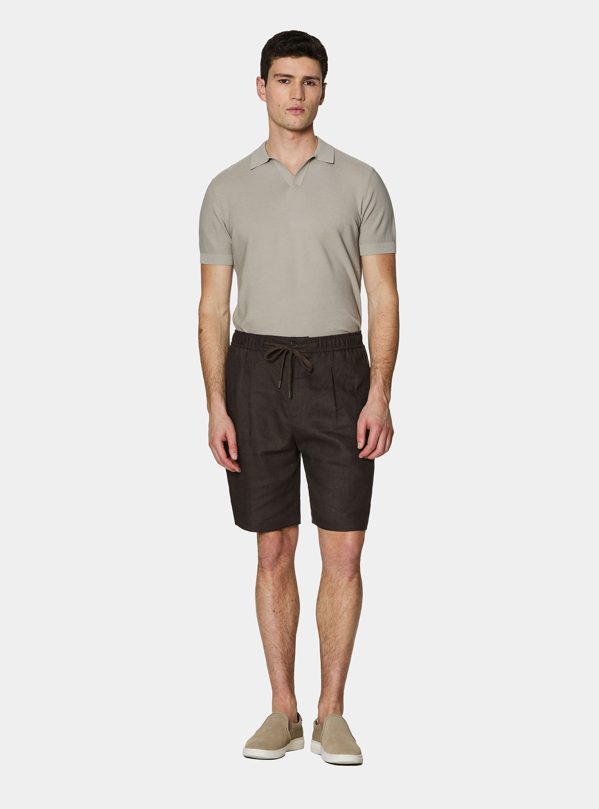 Linen Bermuda shorts with drawstring, BROWN