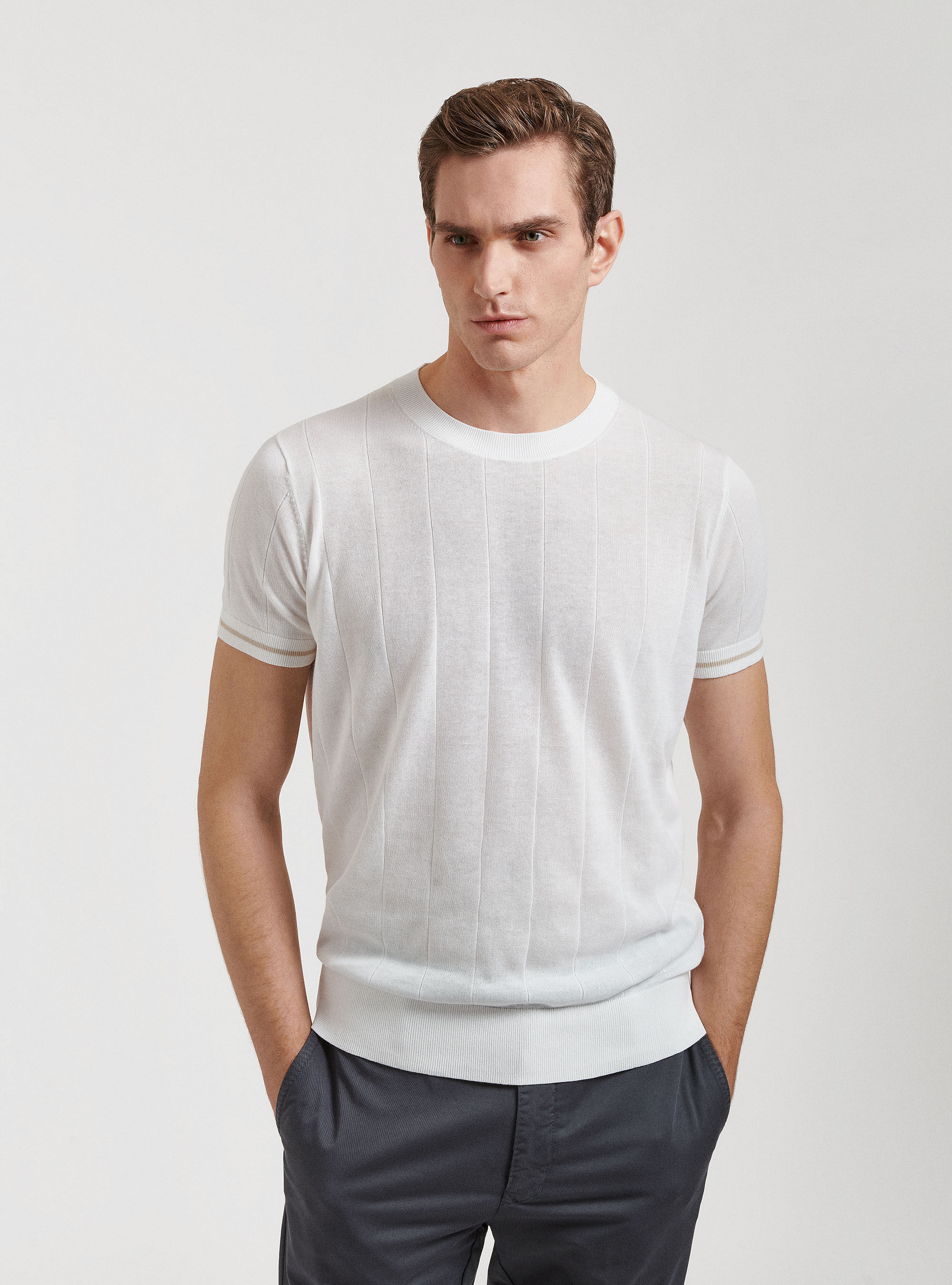 Pull en pur coton &agrave; c&ocirc;tes plates, BLANC