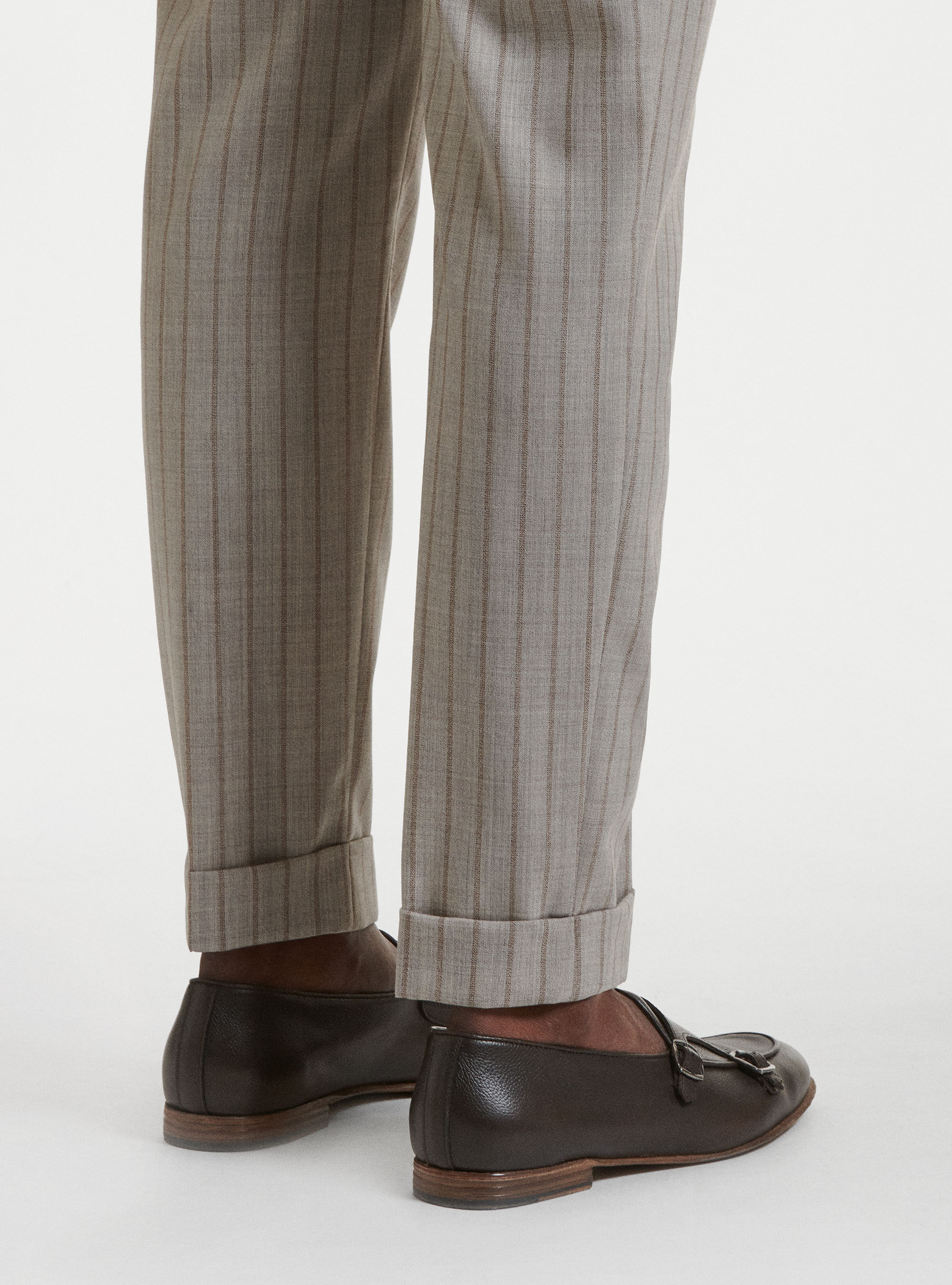 Pantalon &agrave; pinces doubles en pure laine ray&eacute;e, SABLE
