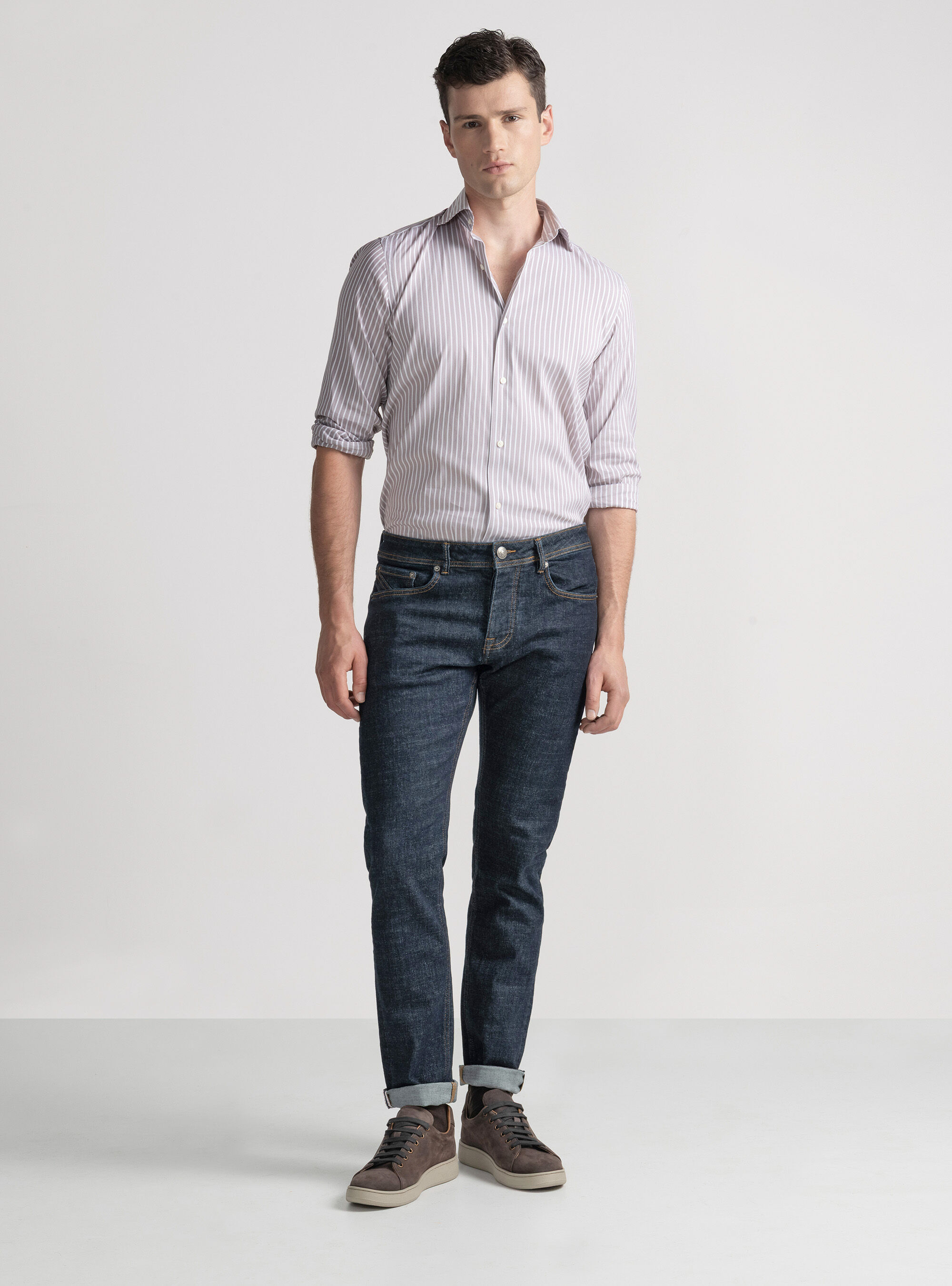 Camicia rigata in misto cotone stretch, CIPOLLA