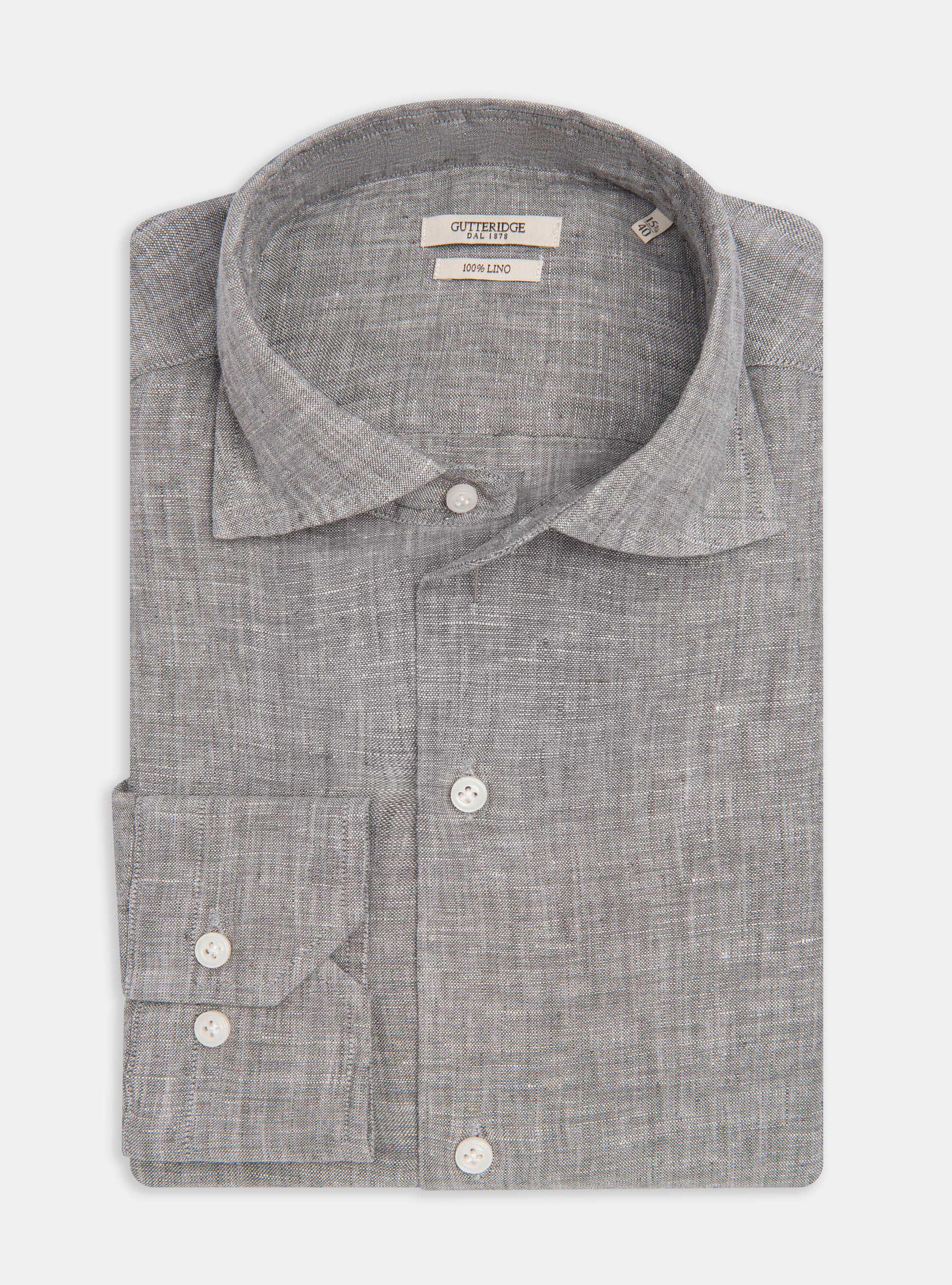 Camisa de lino puro con cuello semifranc&eacute;s, GRIS CLARO JASPEADO