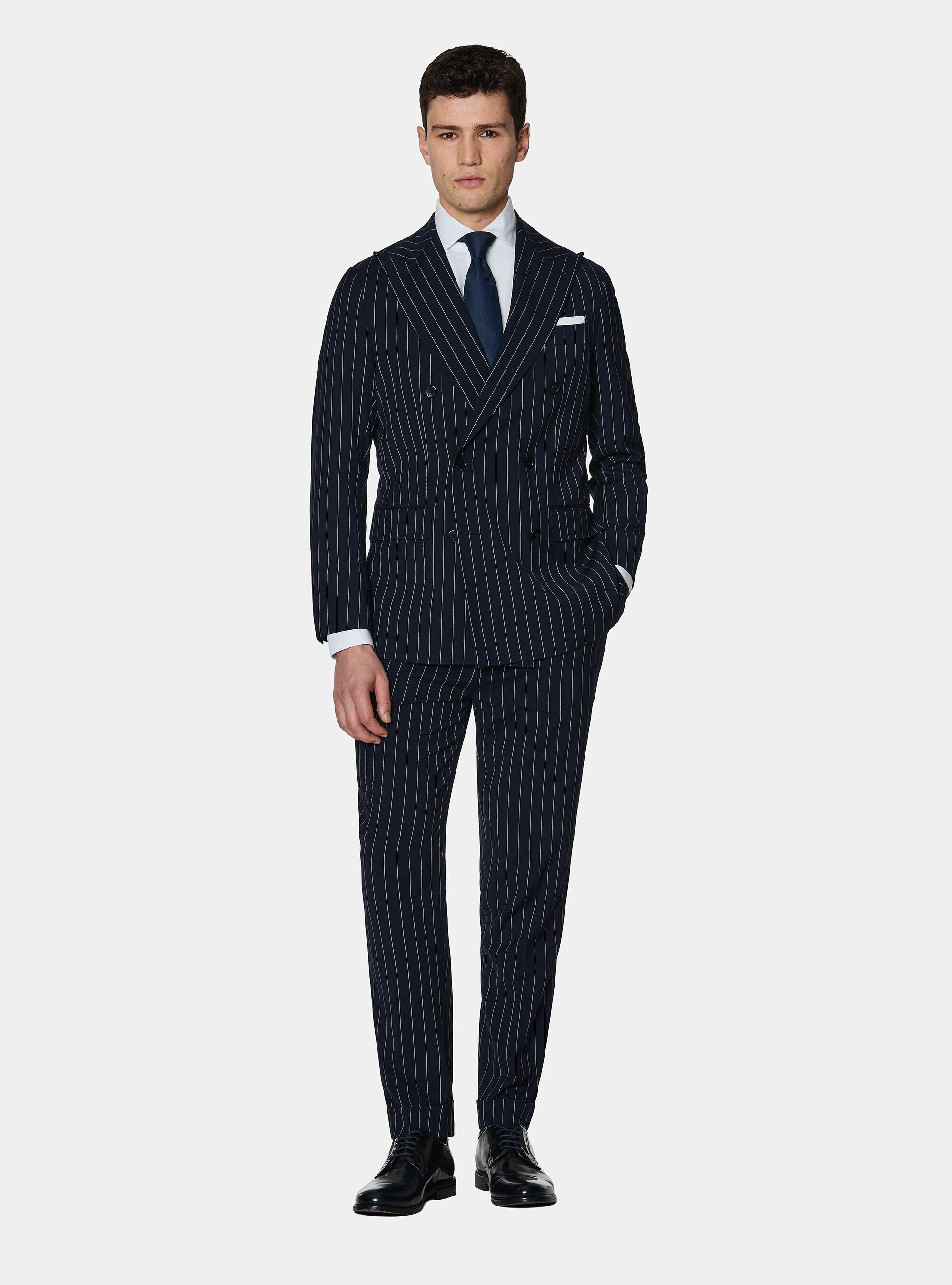 Double-breasted pinstriped suit blazer, NAVY BLUE
