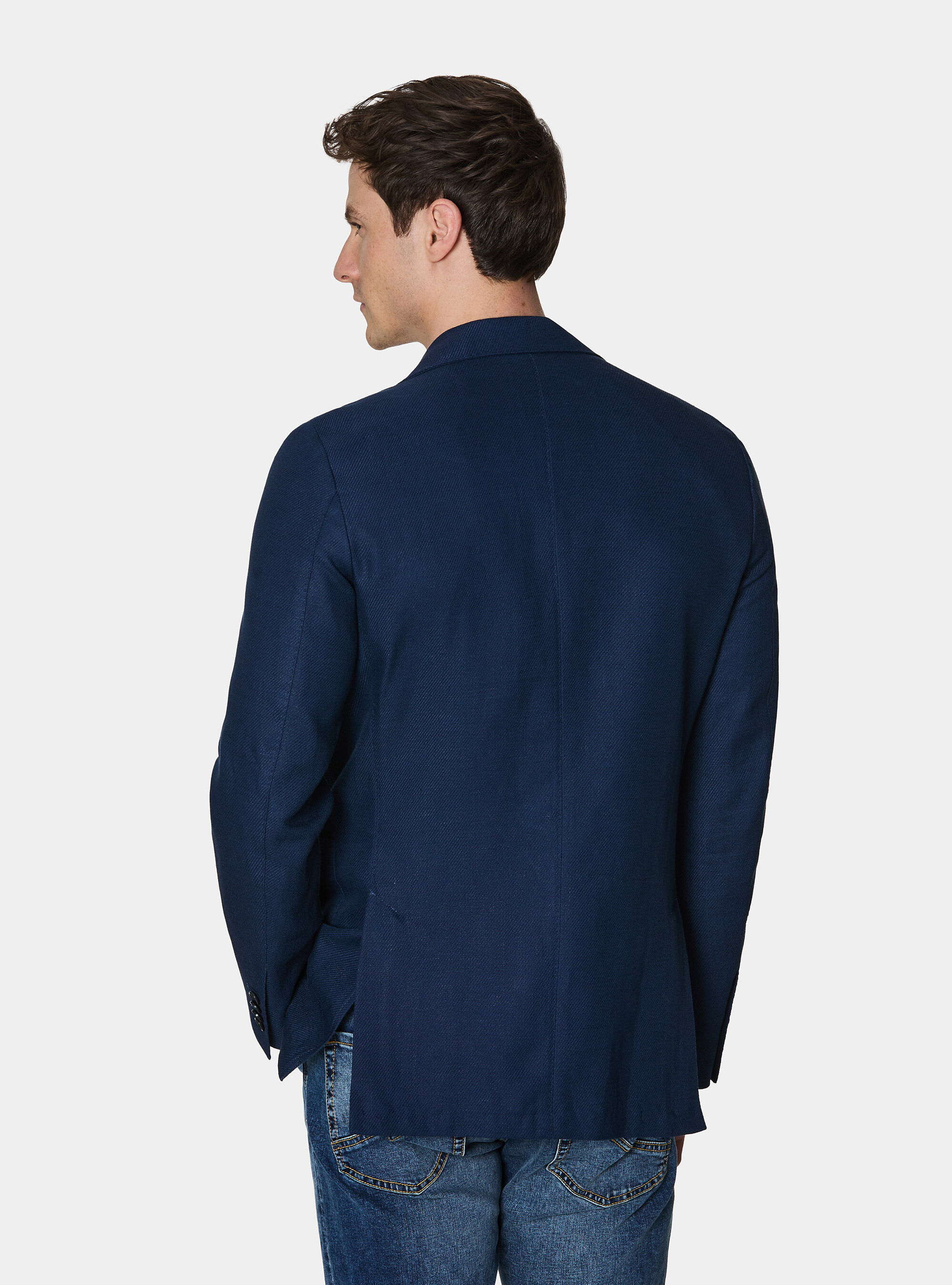 Blazer in cotton and slubbed linen, NAVY BLUE