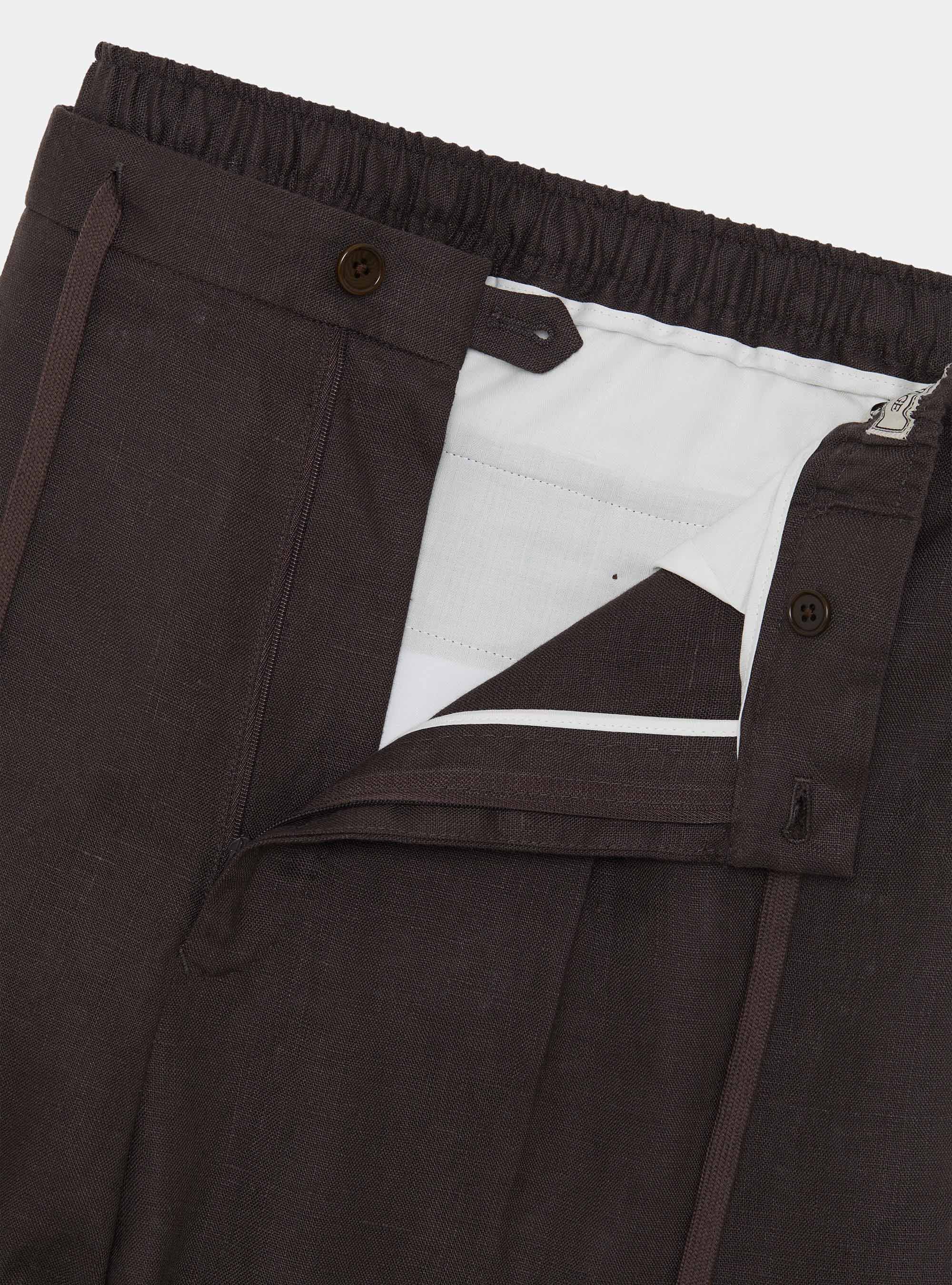 Pure linen trousers with pleat and drawstring, BROWN
