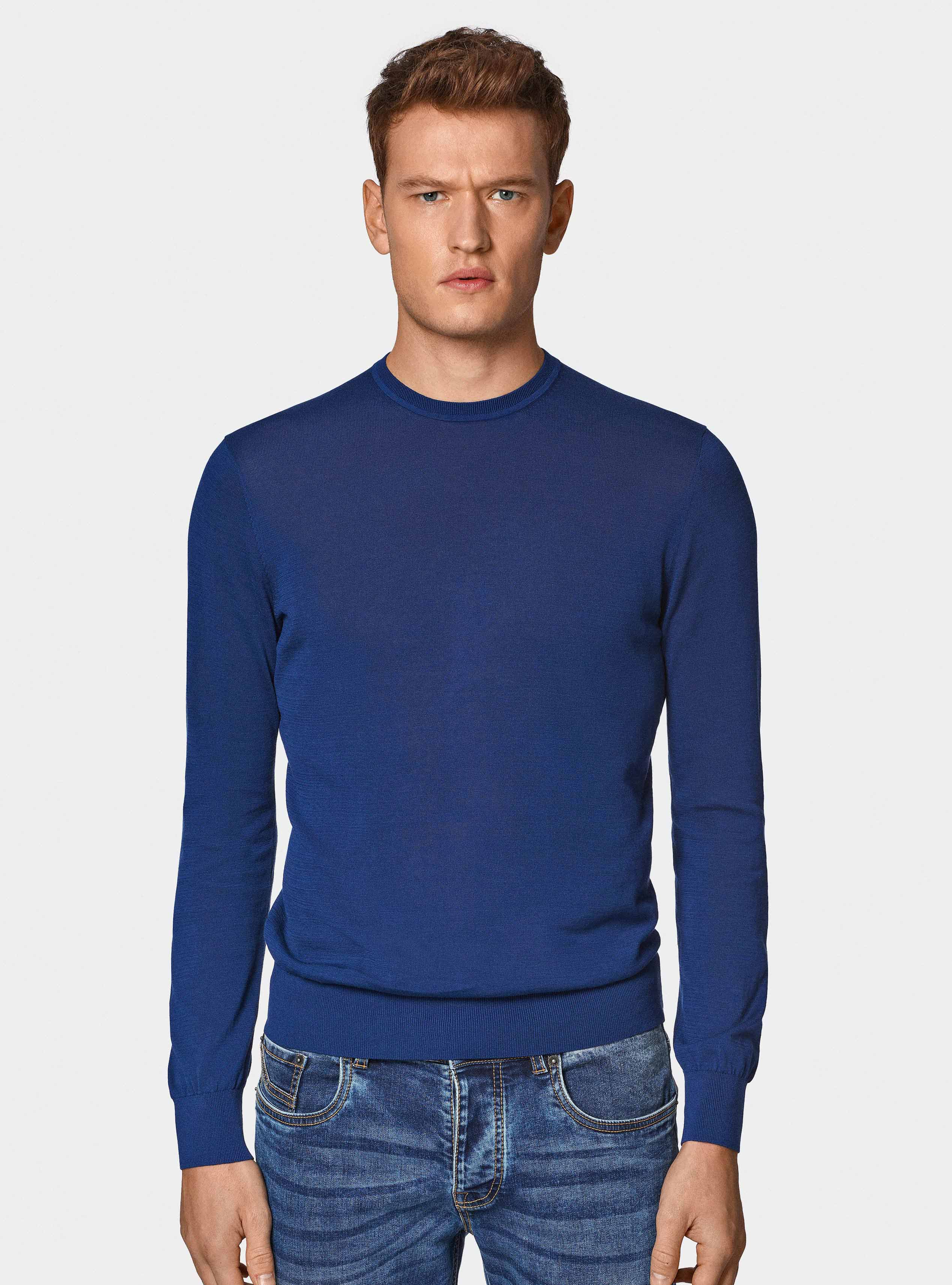 Maglia girocollo in cotone e seta, BLU ROYAL