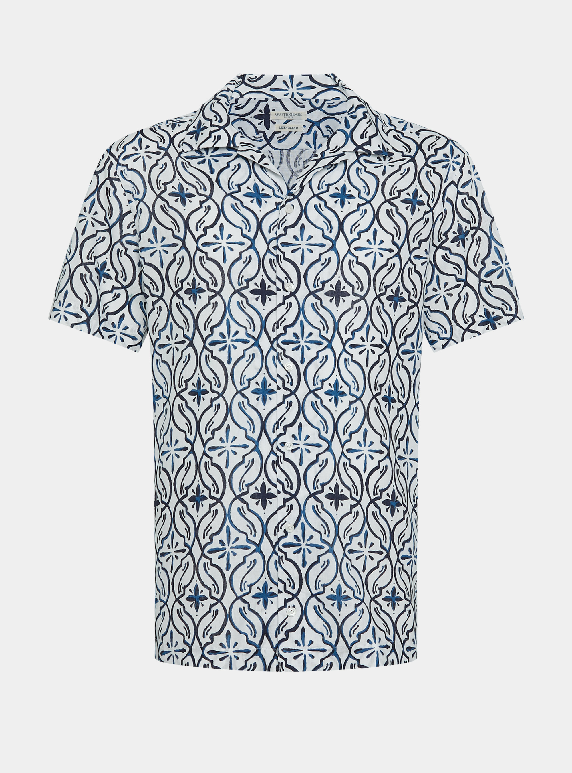 Bowling shirt in linen and printed cotton, NAVY BLUE