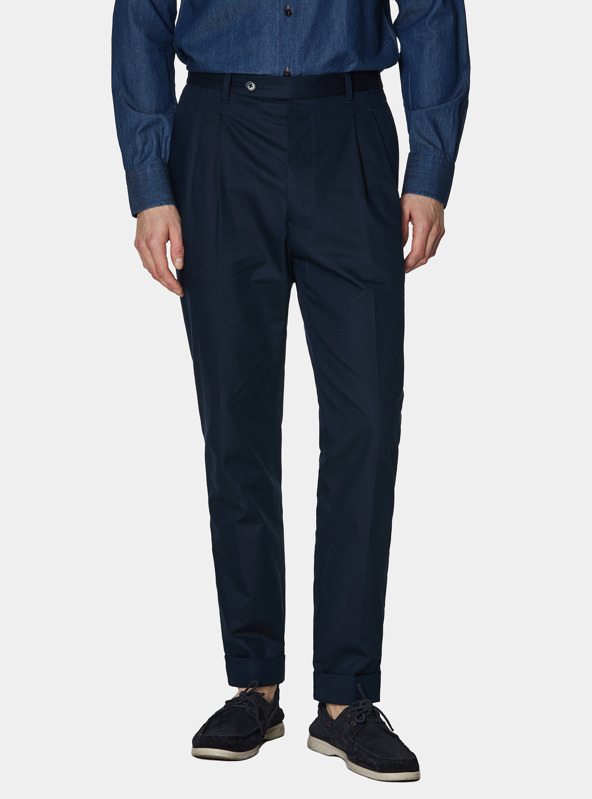 Cotton-blend pleated trousers, NAVY BLUE