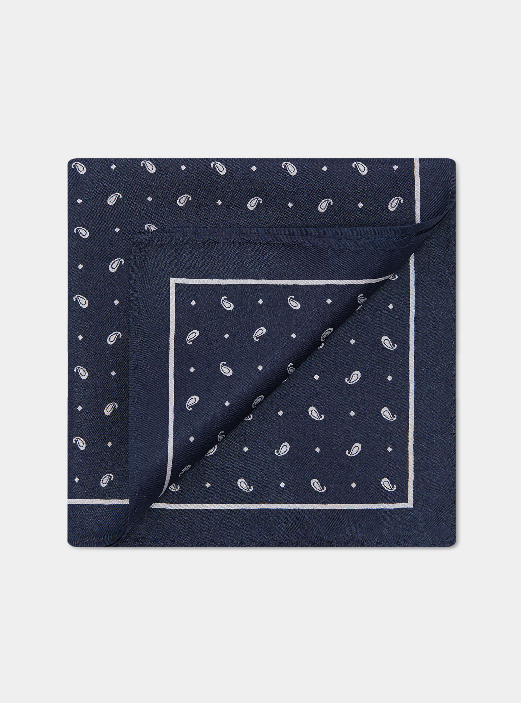 Printed silk paisley pocket square, B053 NAVY/BIANCO