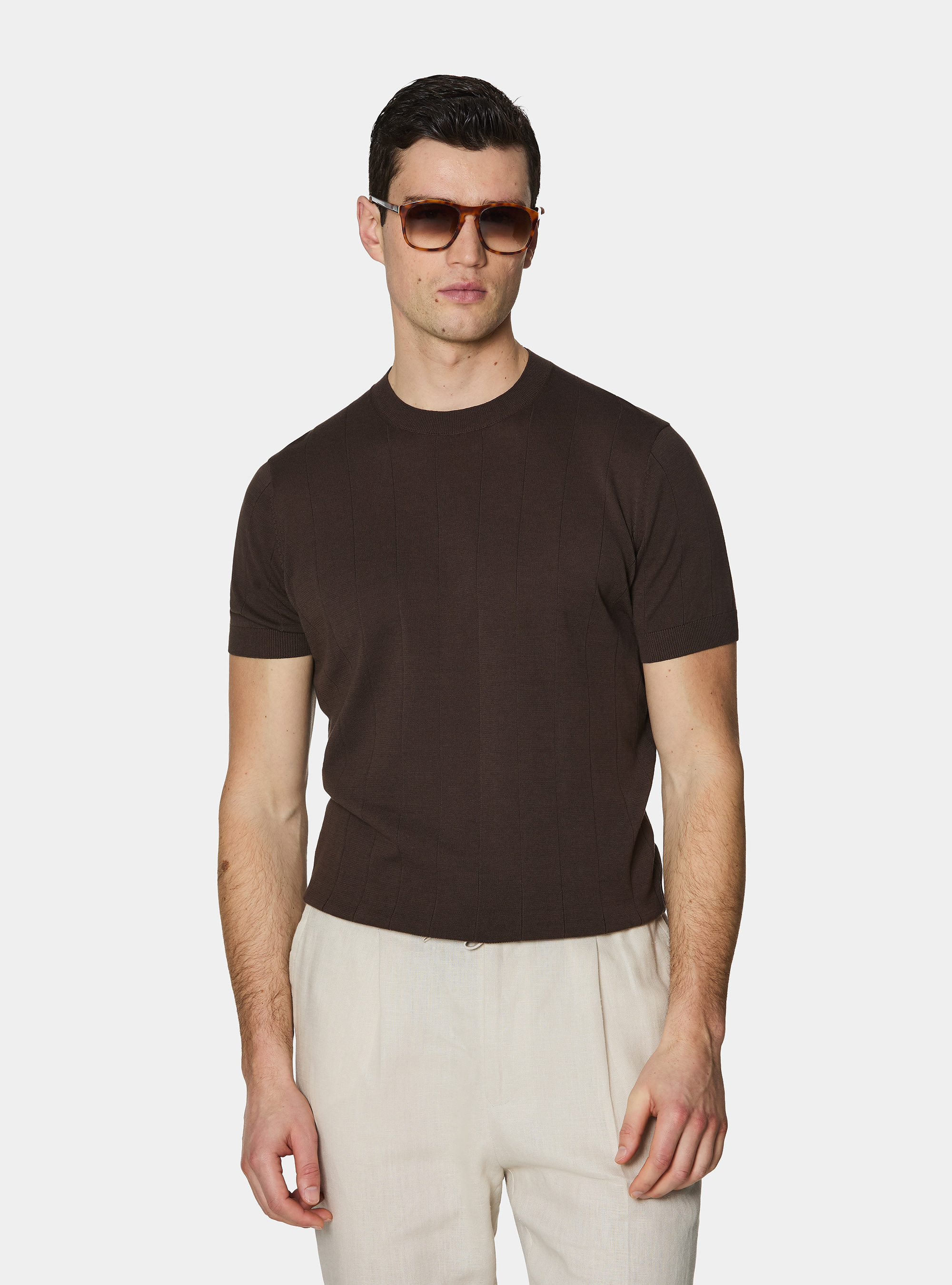 Pure cotton flat-ribbed sweater, BROWN